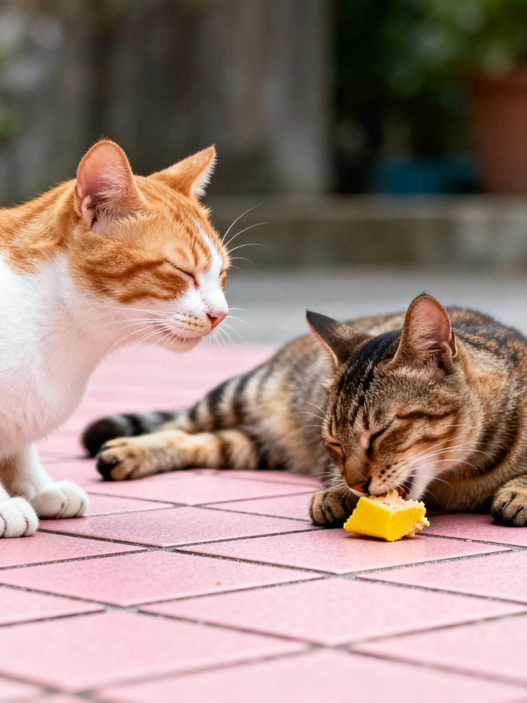 Two cats interact as a tabby eats a yellow object on pink tiles