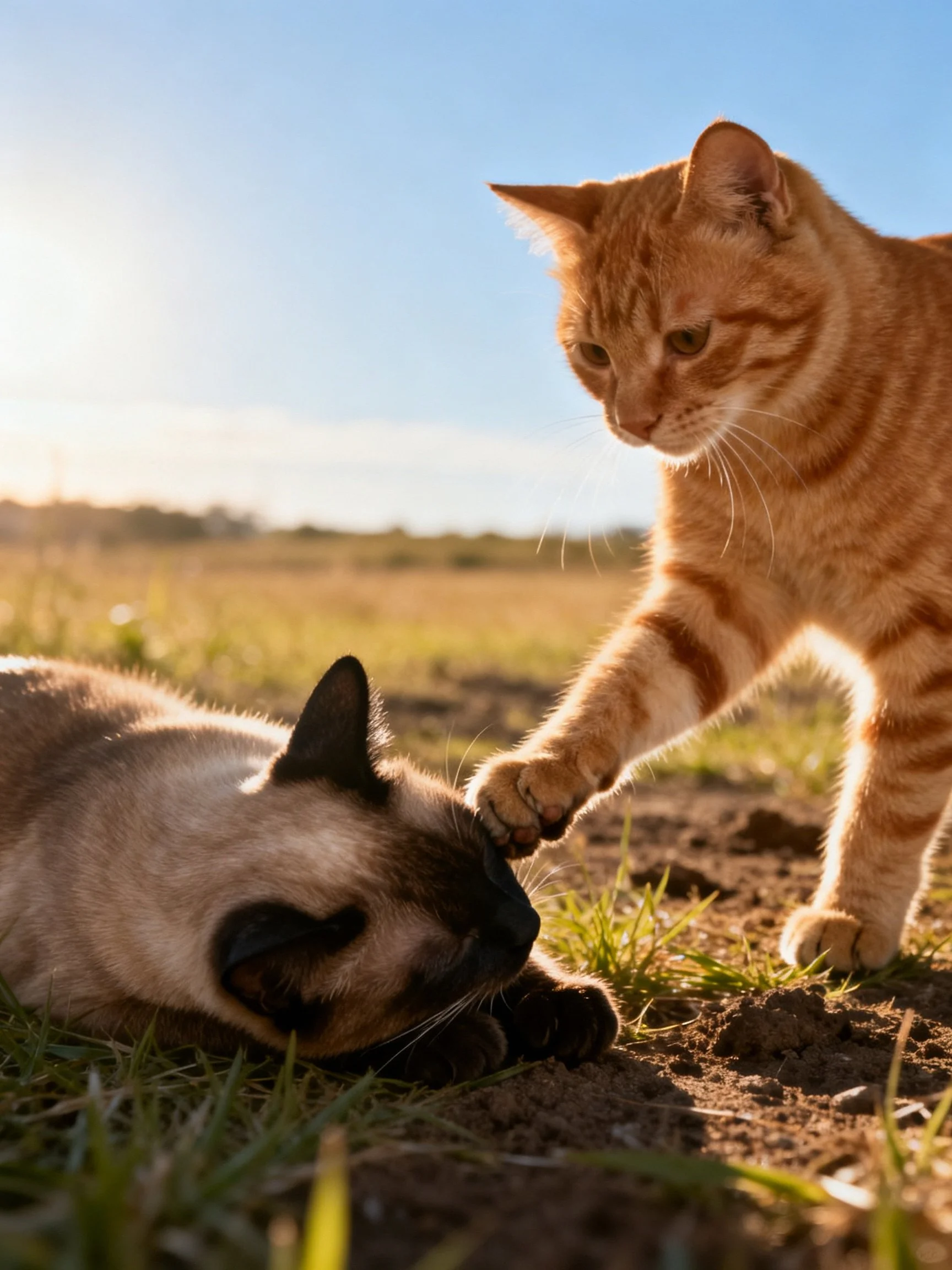 Two cats interact in a sunny field: an orange tabby and a Siamese