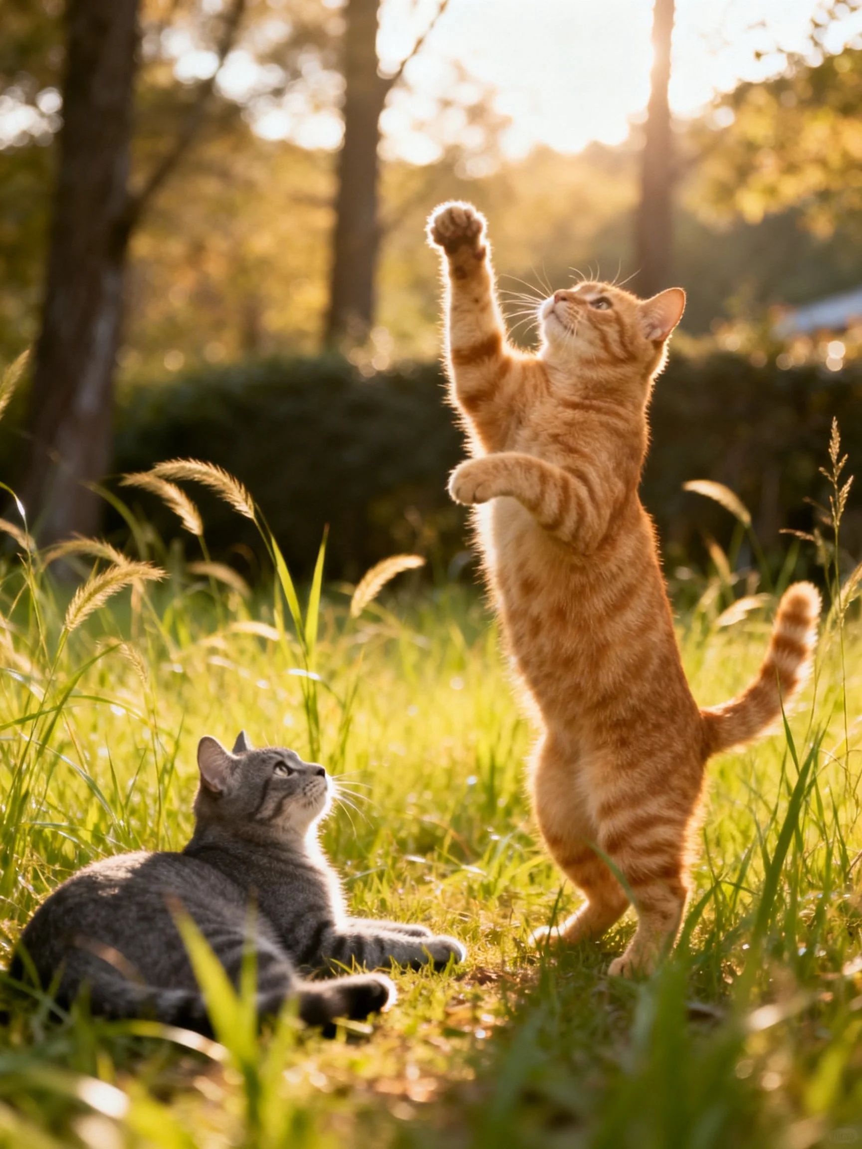 Two cats interact in sunlit grassy outdoors