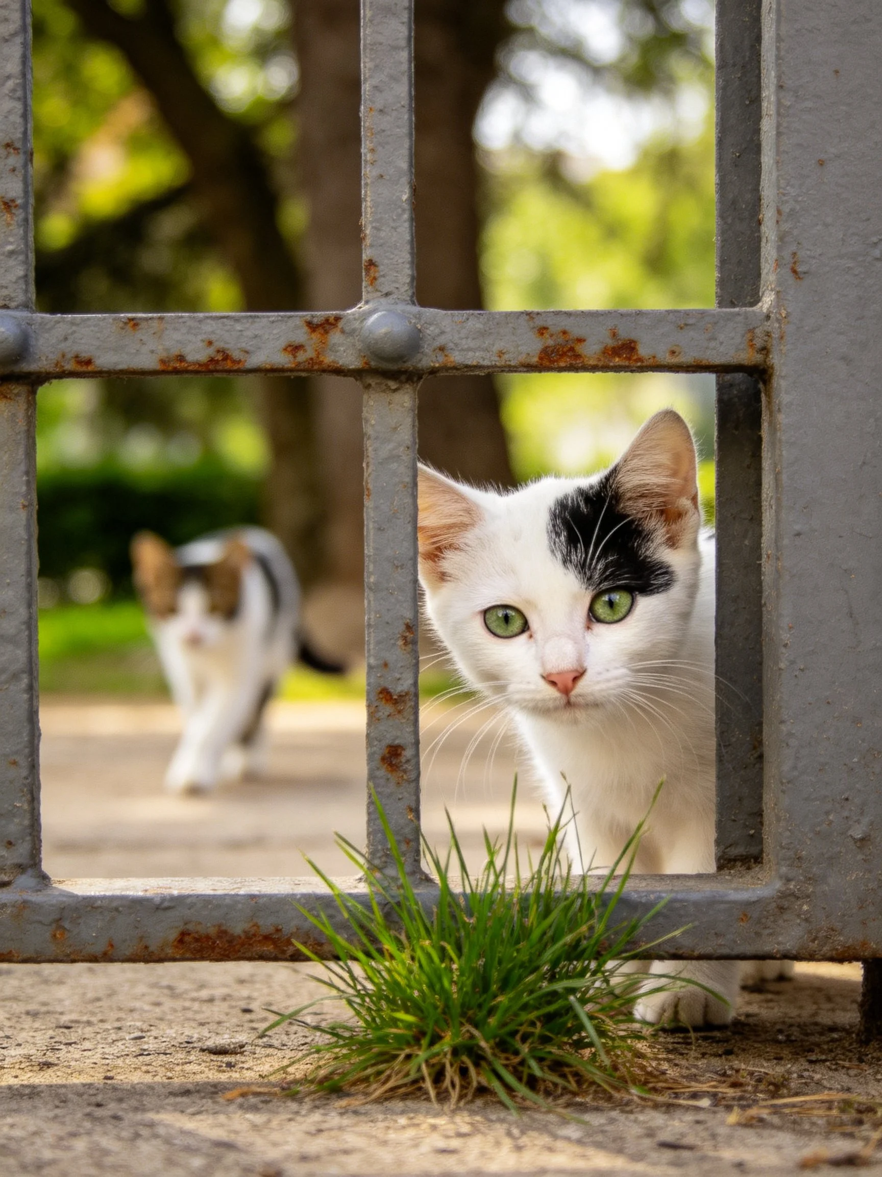 Two cats near a rusted metal gate in a sunny park