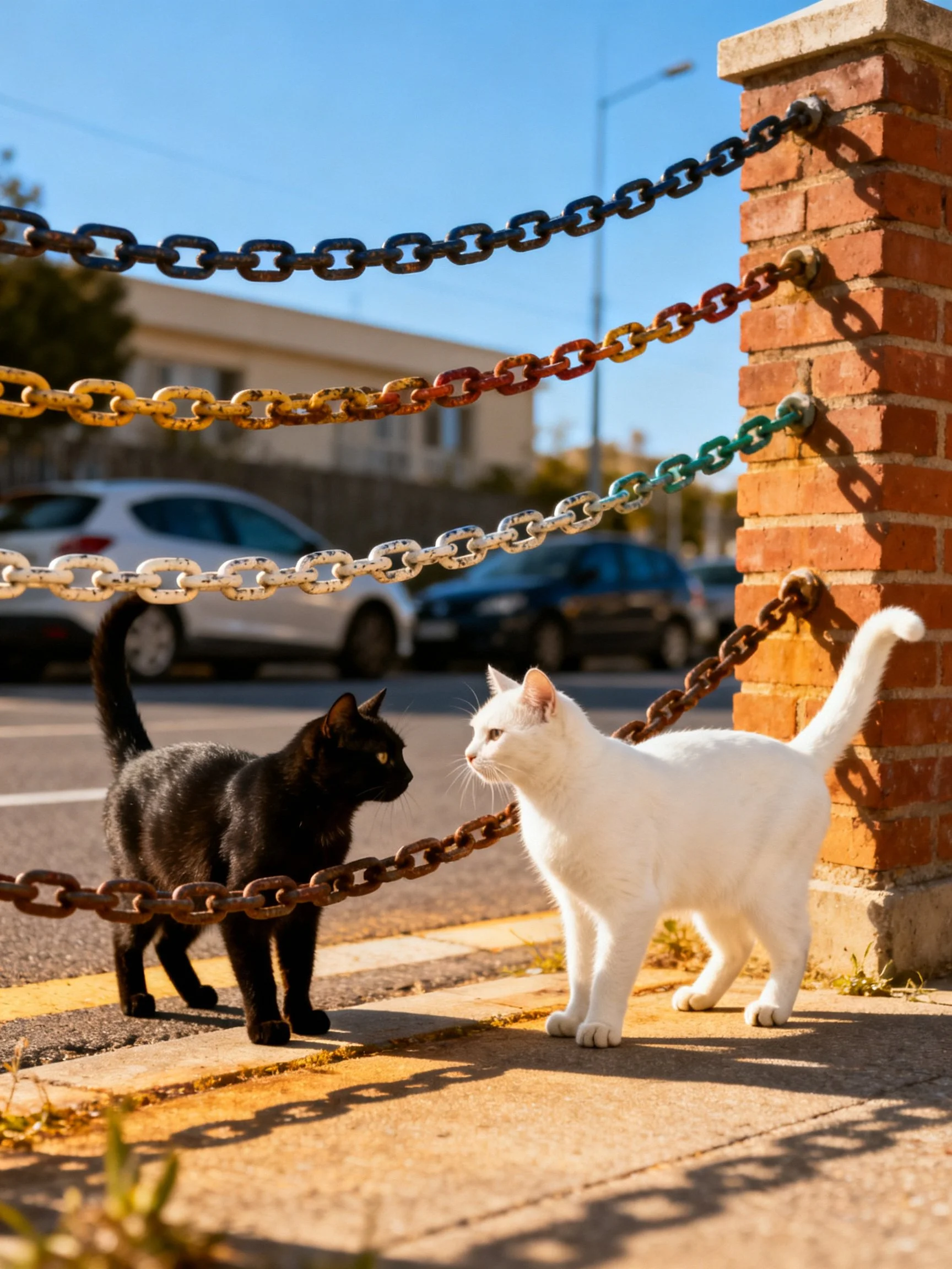 Two cats near colorful chained fence by brick post