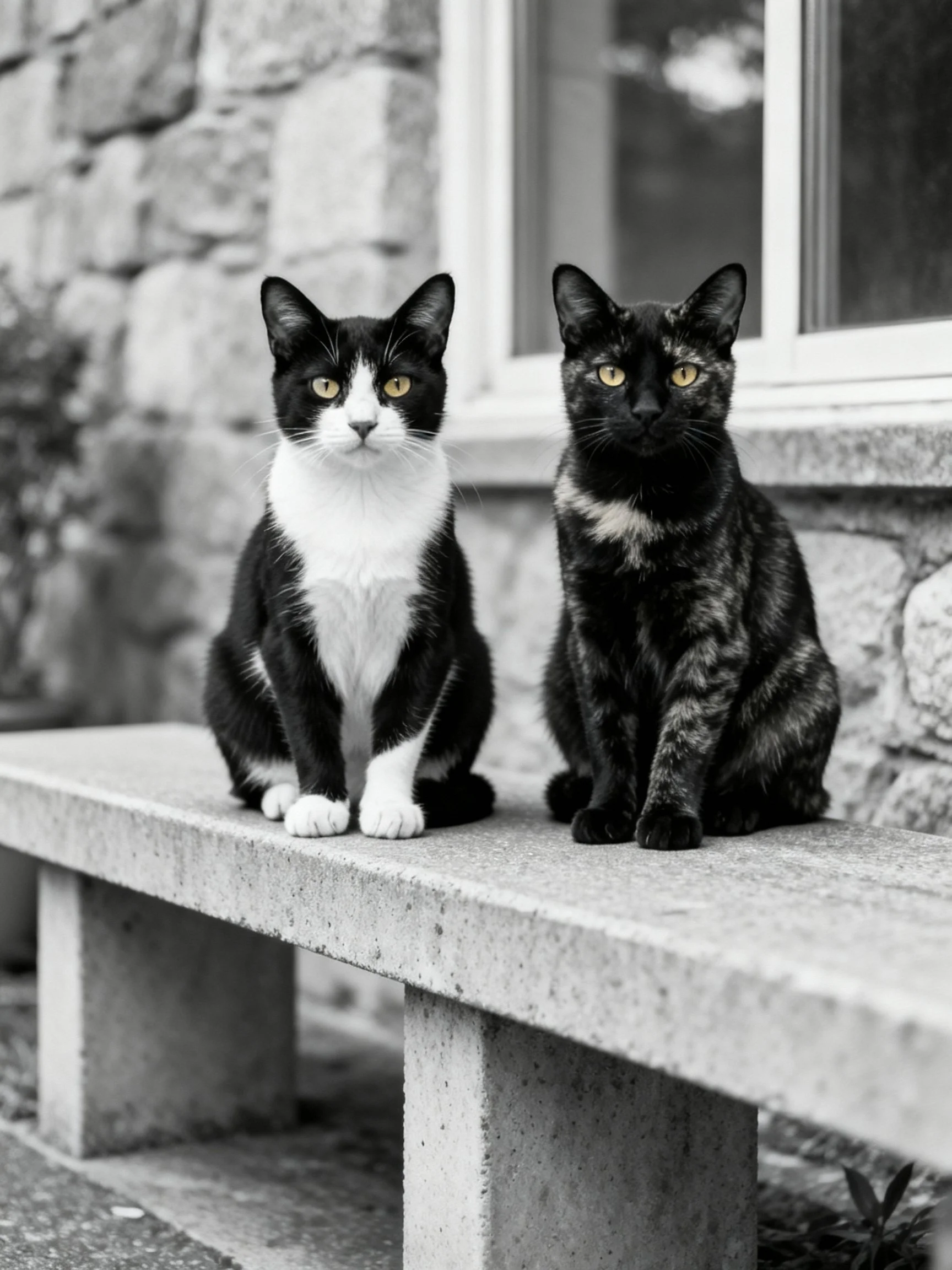 Two cats of contrasting coats sit on a concrete bench by a stone wall