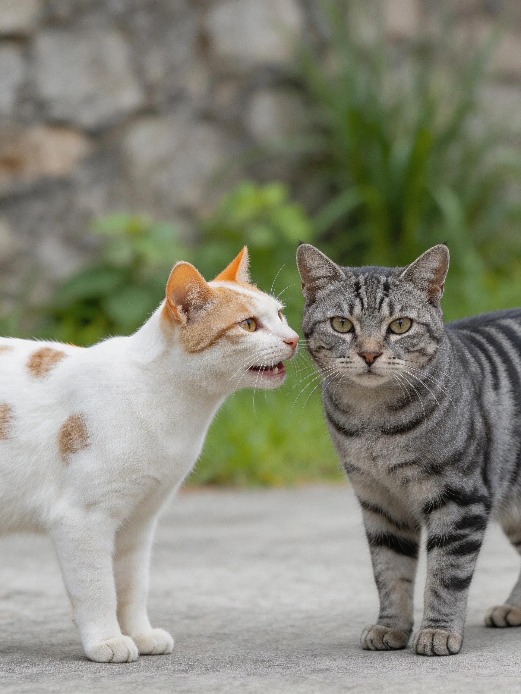 Two cats of contrasting colors interact near a stone wall and greenery