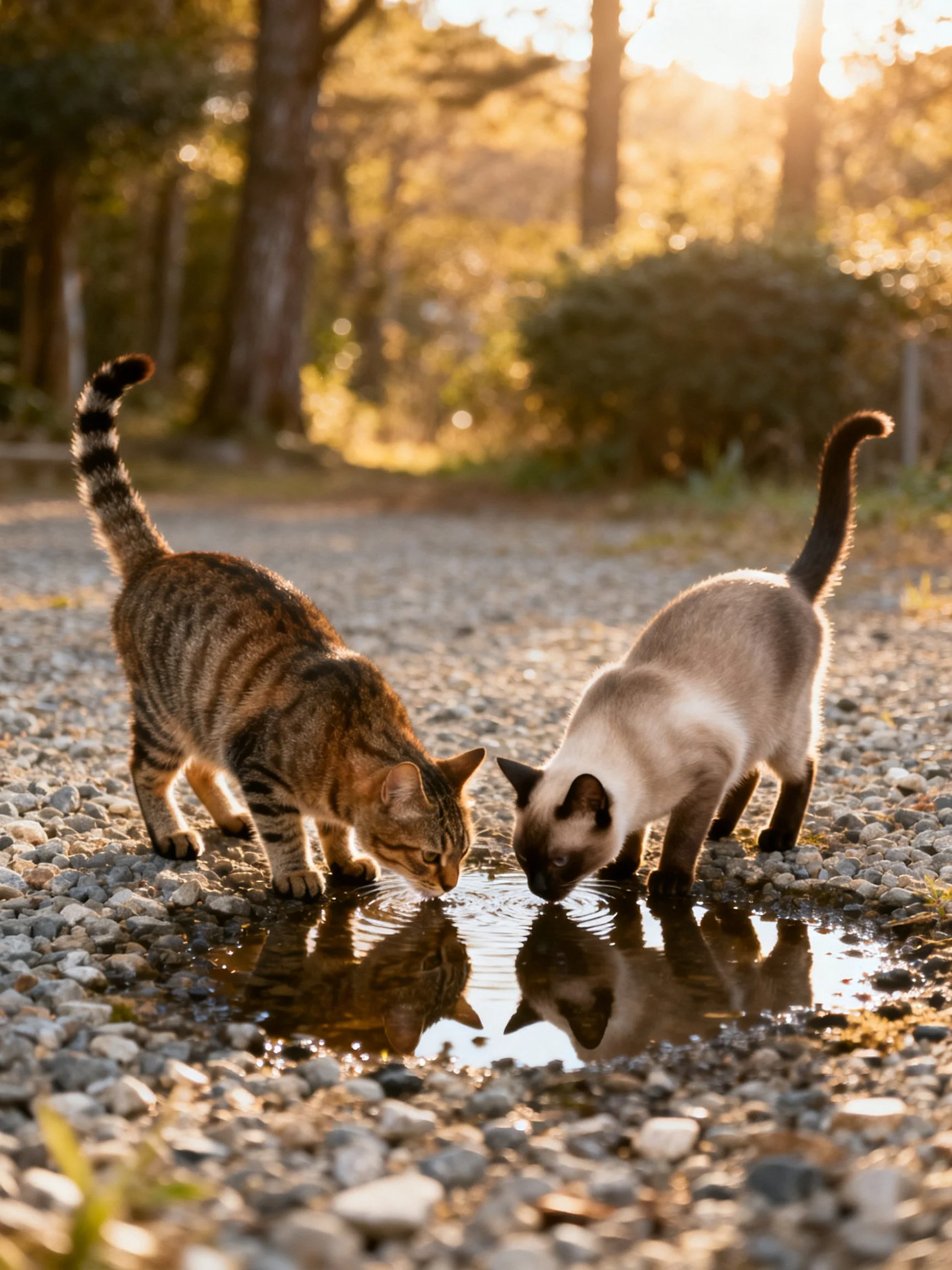 Two cats of different breeds drink from a puddle on a gravel path during golden hour