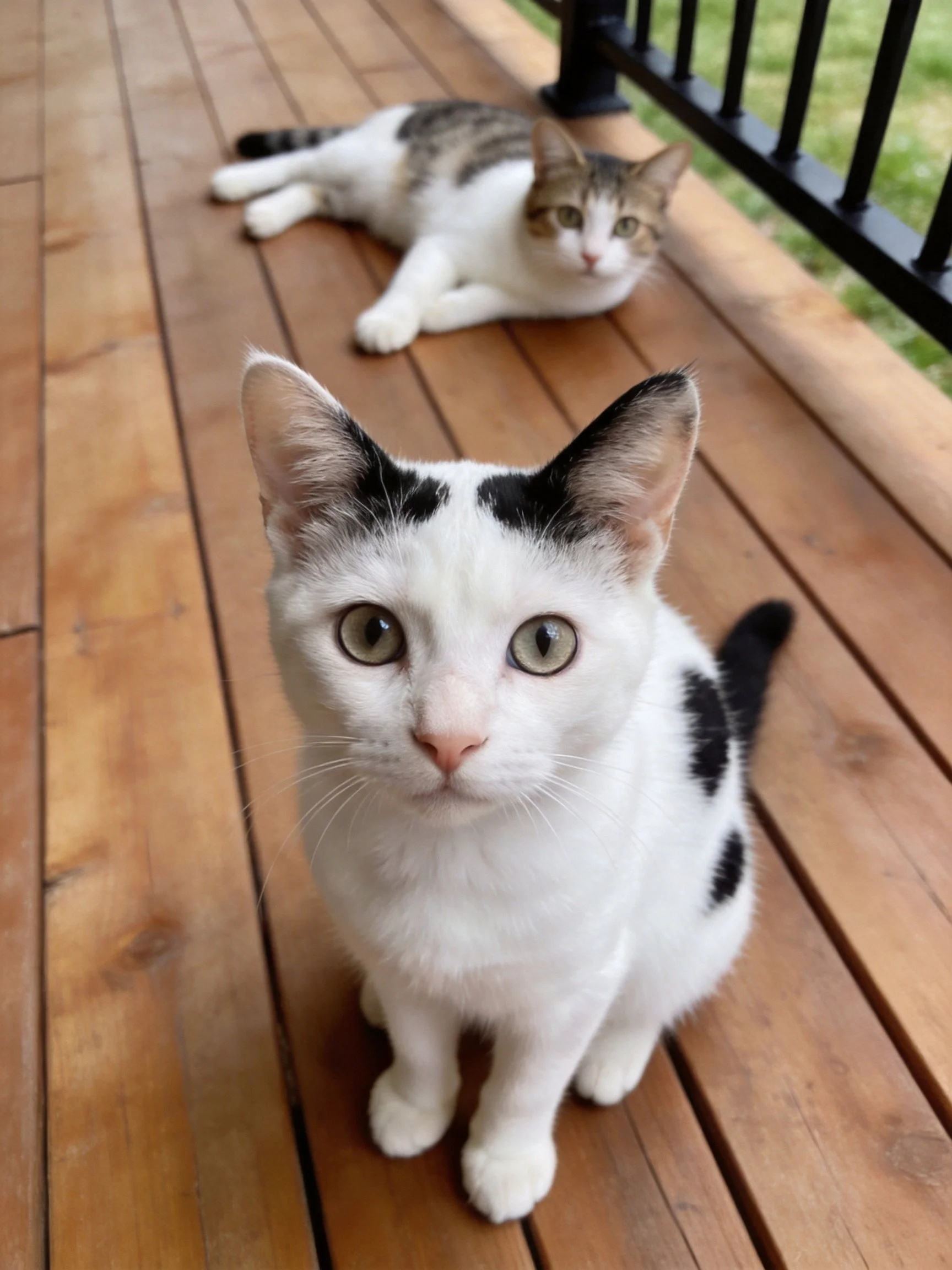Two cats on a wooden deck—one white with black spots, one tabby