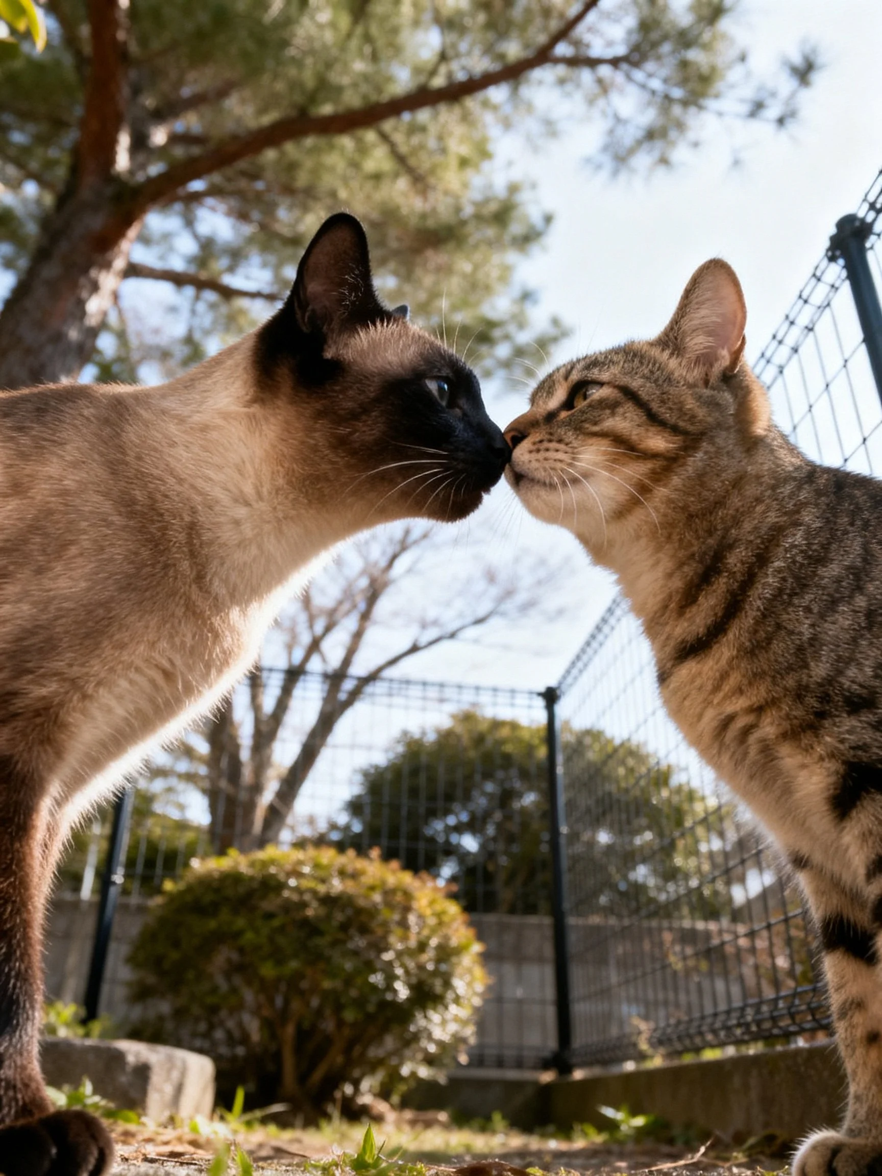 A Siamese cat and a tabby cat interact closely in a sunlit outdoor space.