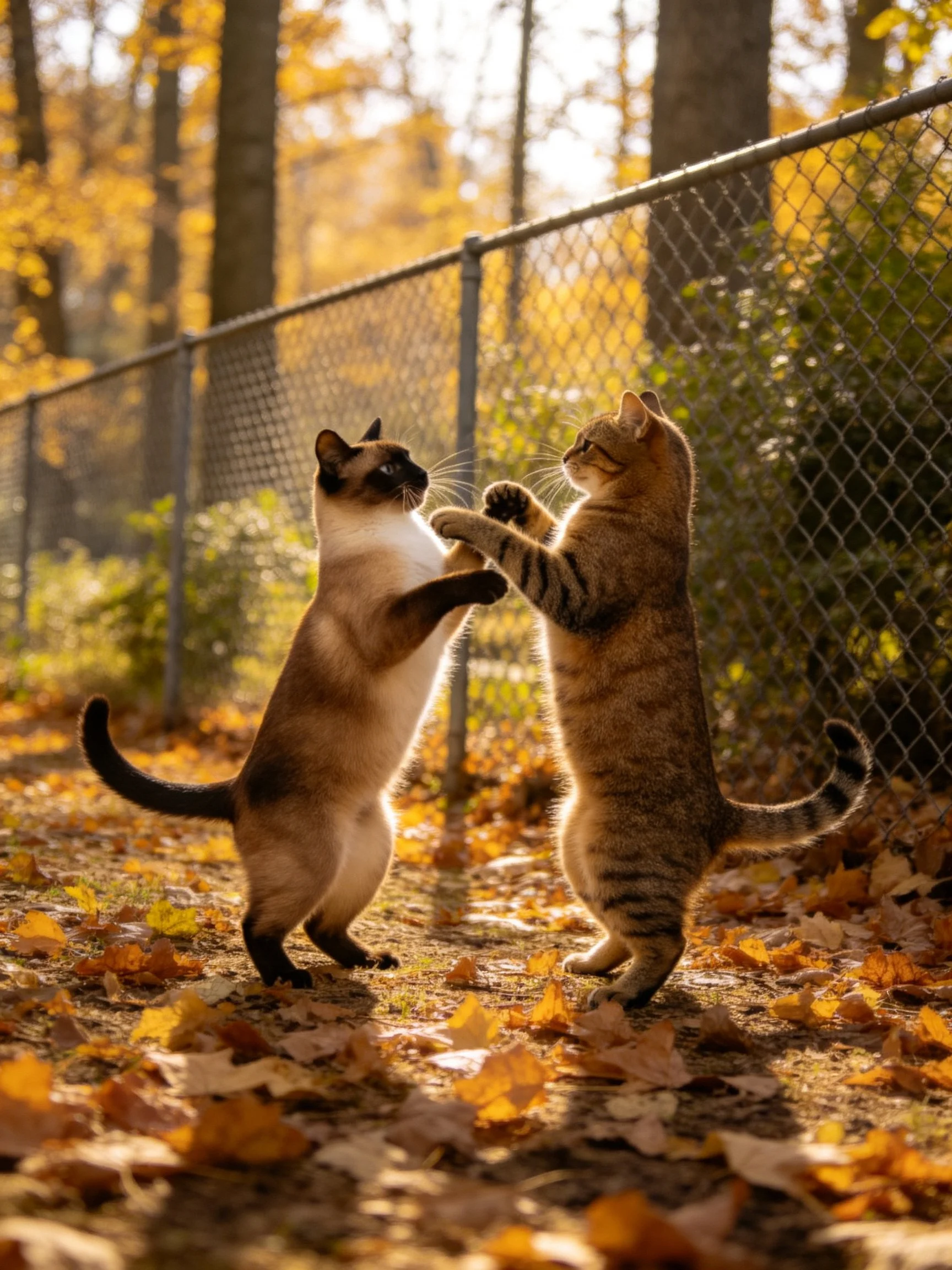 Two cats interact playfully outdoors amid fallen autumn leavesand a chain-link fence.