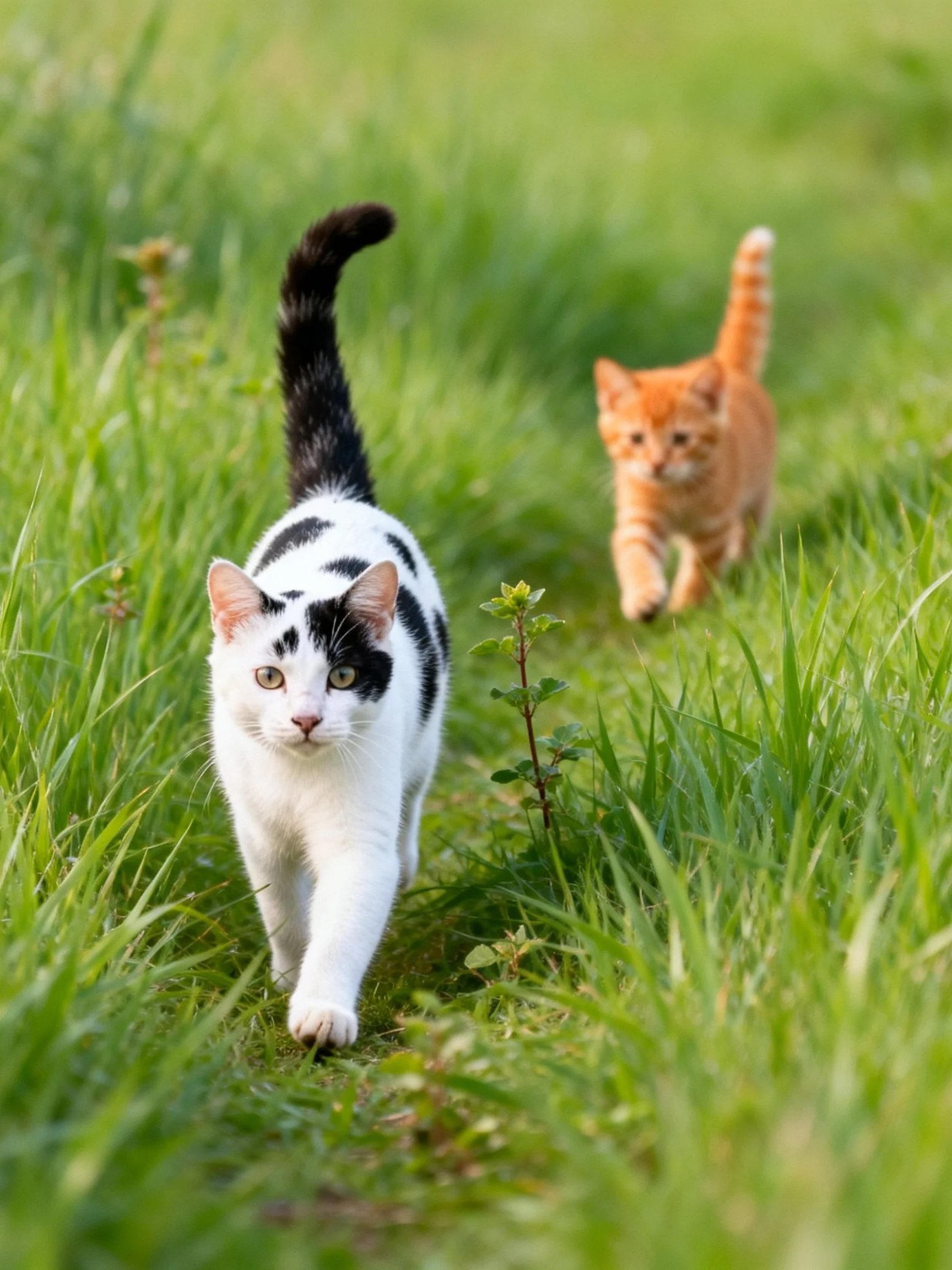 Two cats—one black and white, one orange—stroll through lush green grass