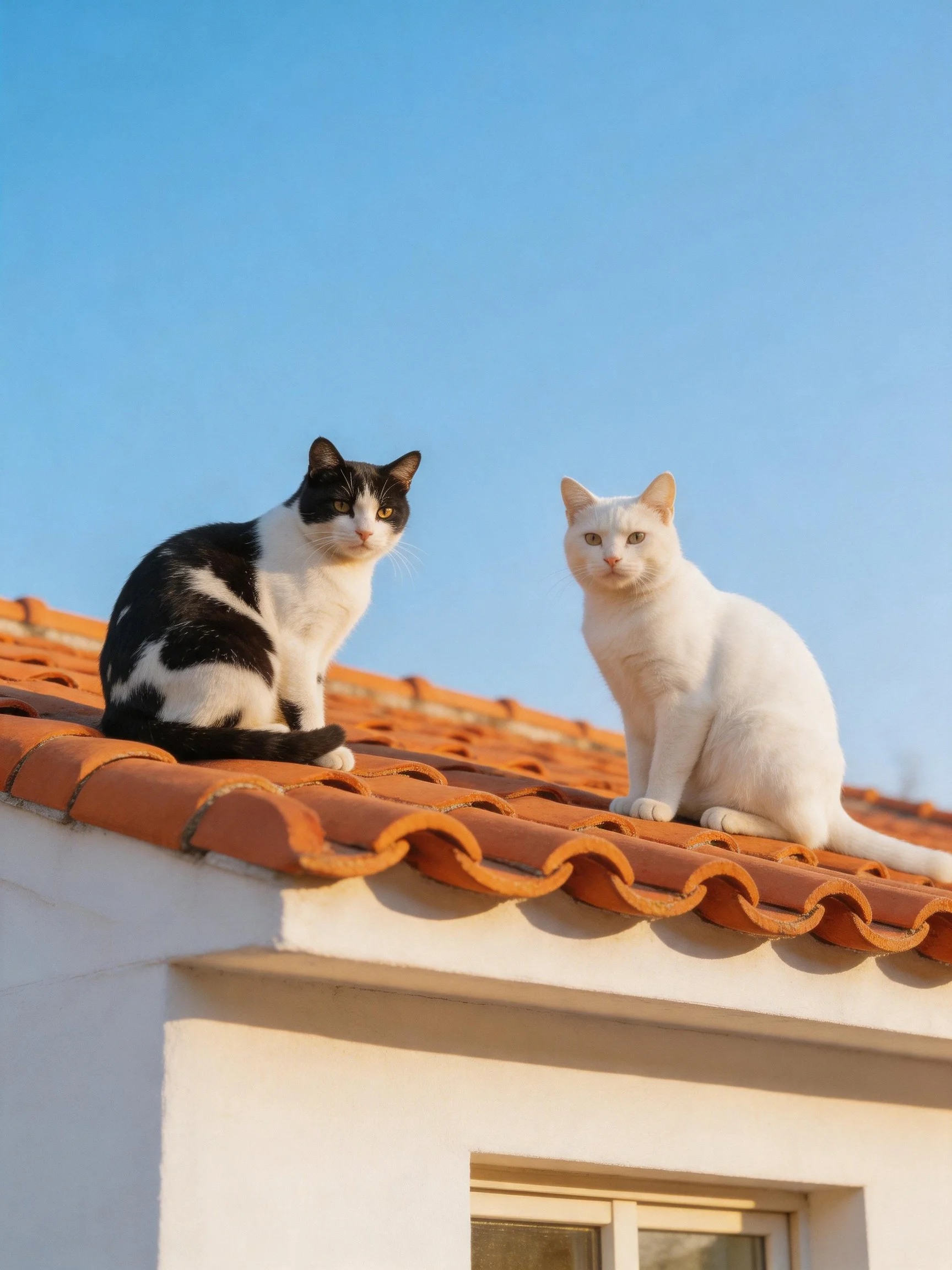 Two cats—one black and white, one white—sit on an orange-tiled roof under blue sky.