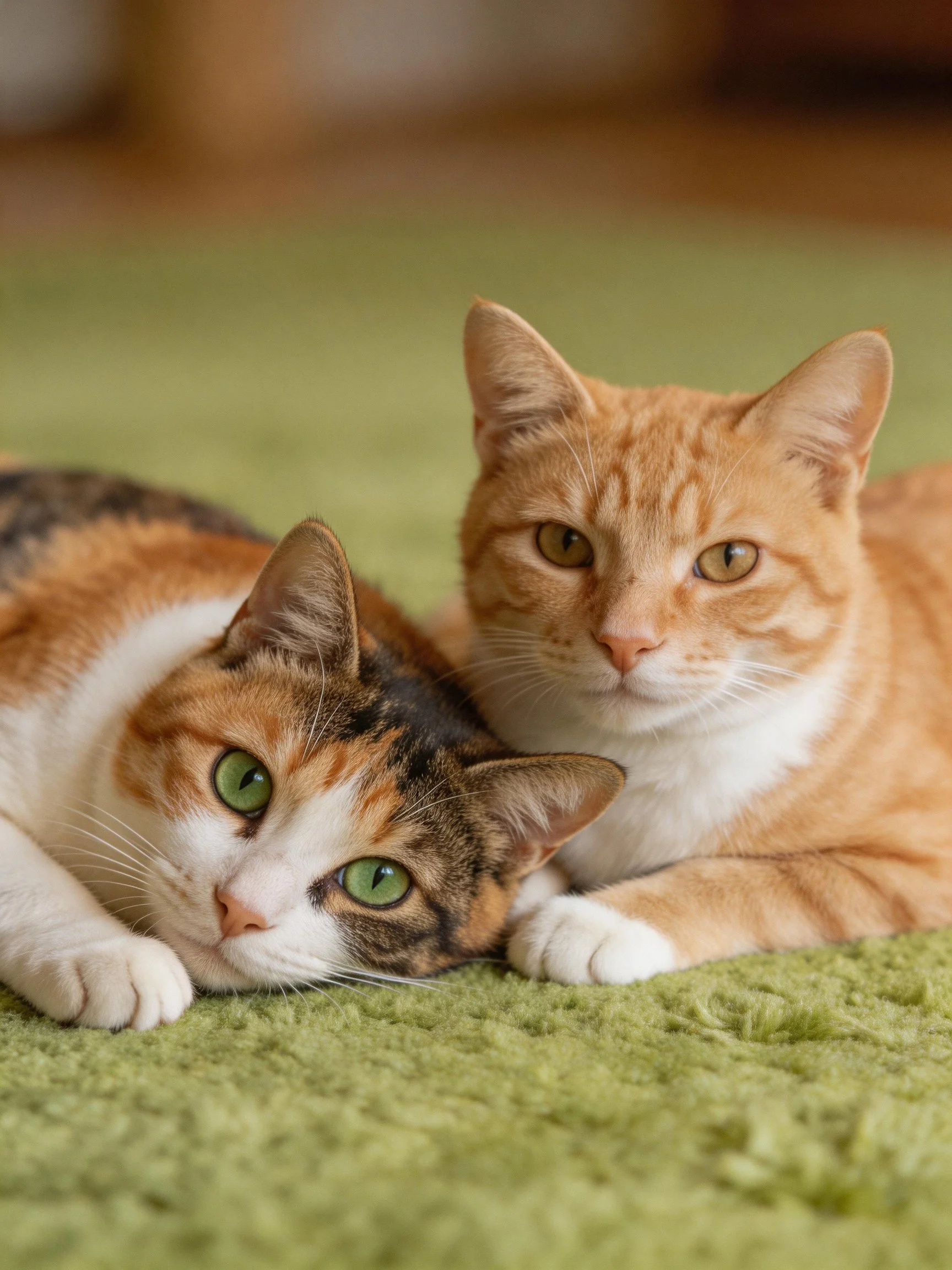 A calico cat and an orange tabby cat rest closely together on a green rug.