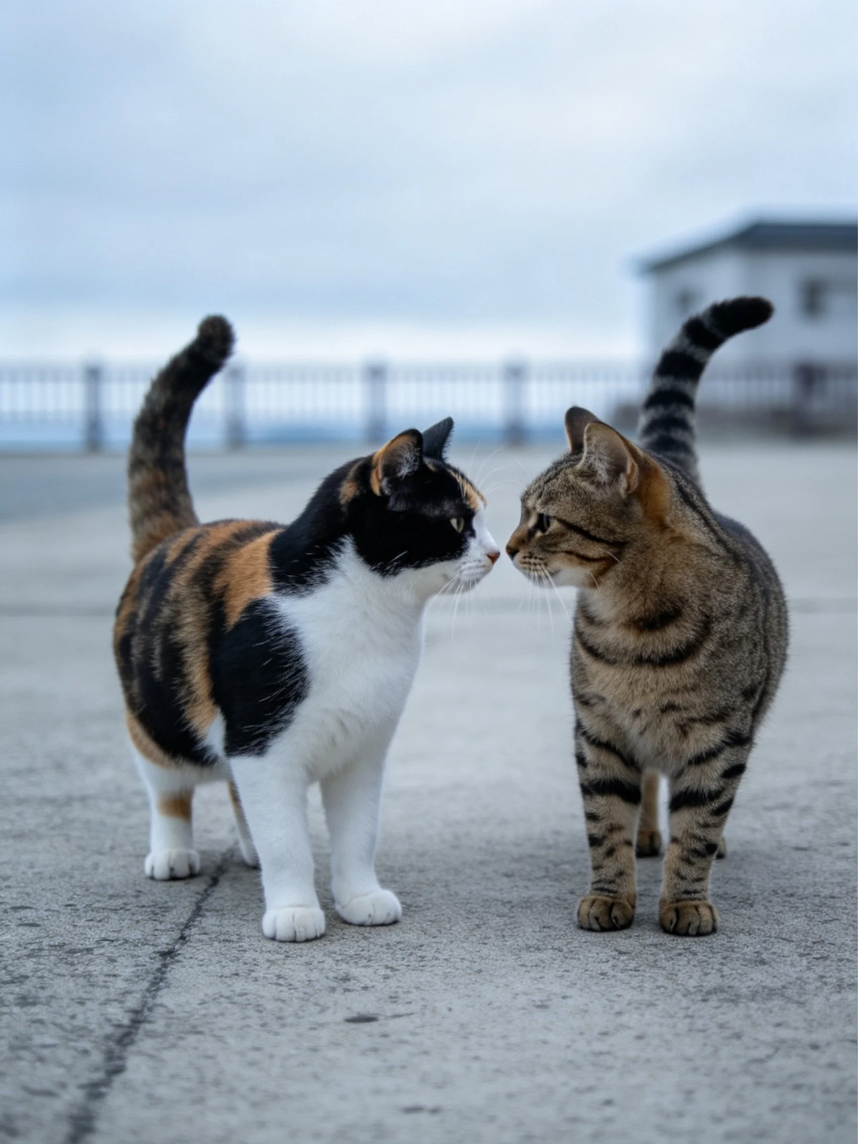 Two cats, one calico and one tabby,stand nose-to-nose on a concrete pavement