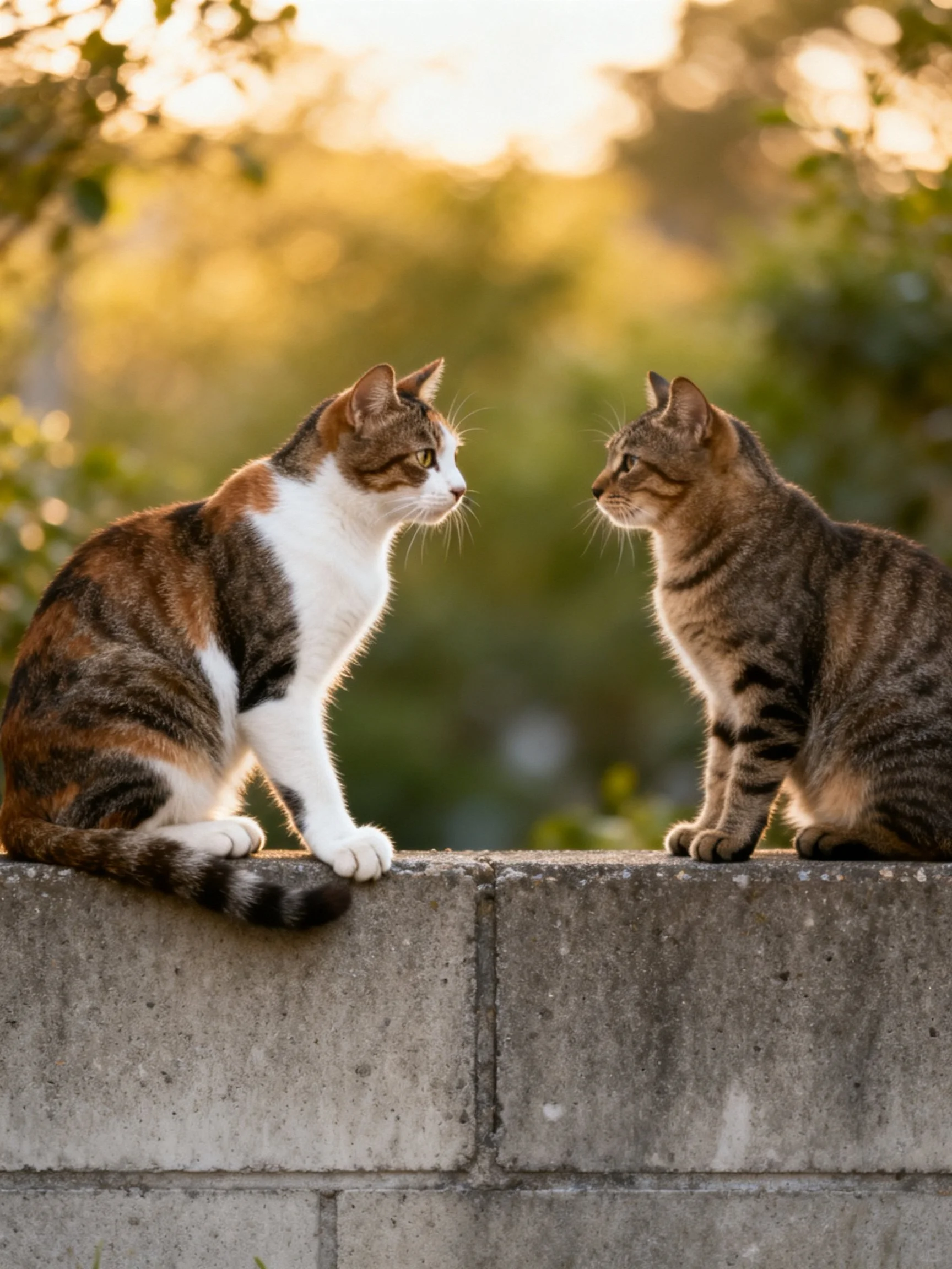 Two cats, one calico, one tabby, sit face-to-face on a concrete wall at dusk