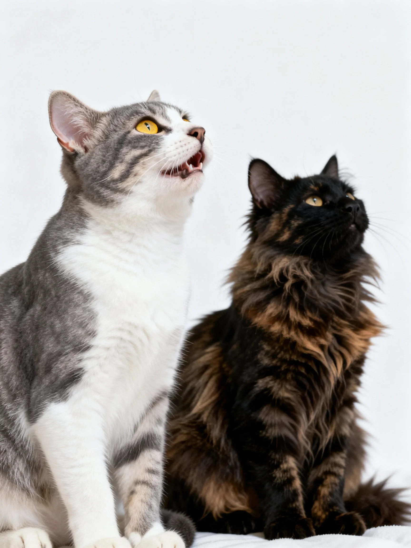 Two cats with different coats and colors sit together, gazing upward.