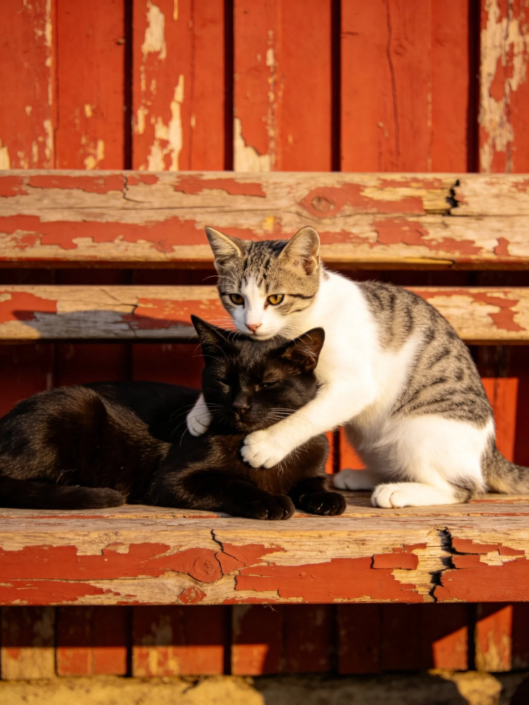 Two cats, one gray and white, one black, on a weathered red bench