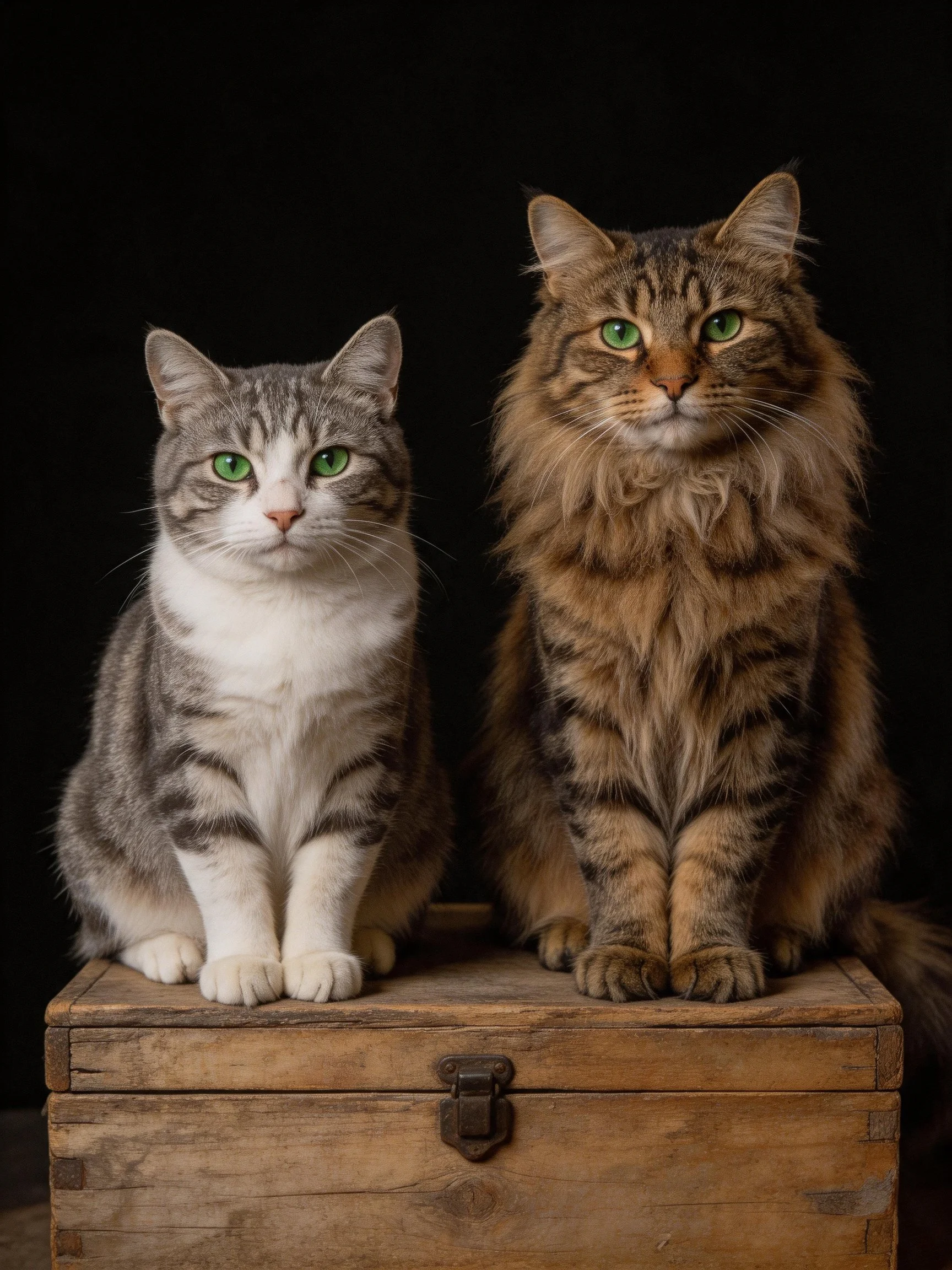 Two cats, one gray and white, one brown tabby, sit on a wooden chest.
