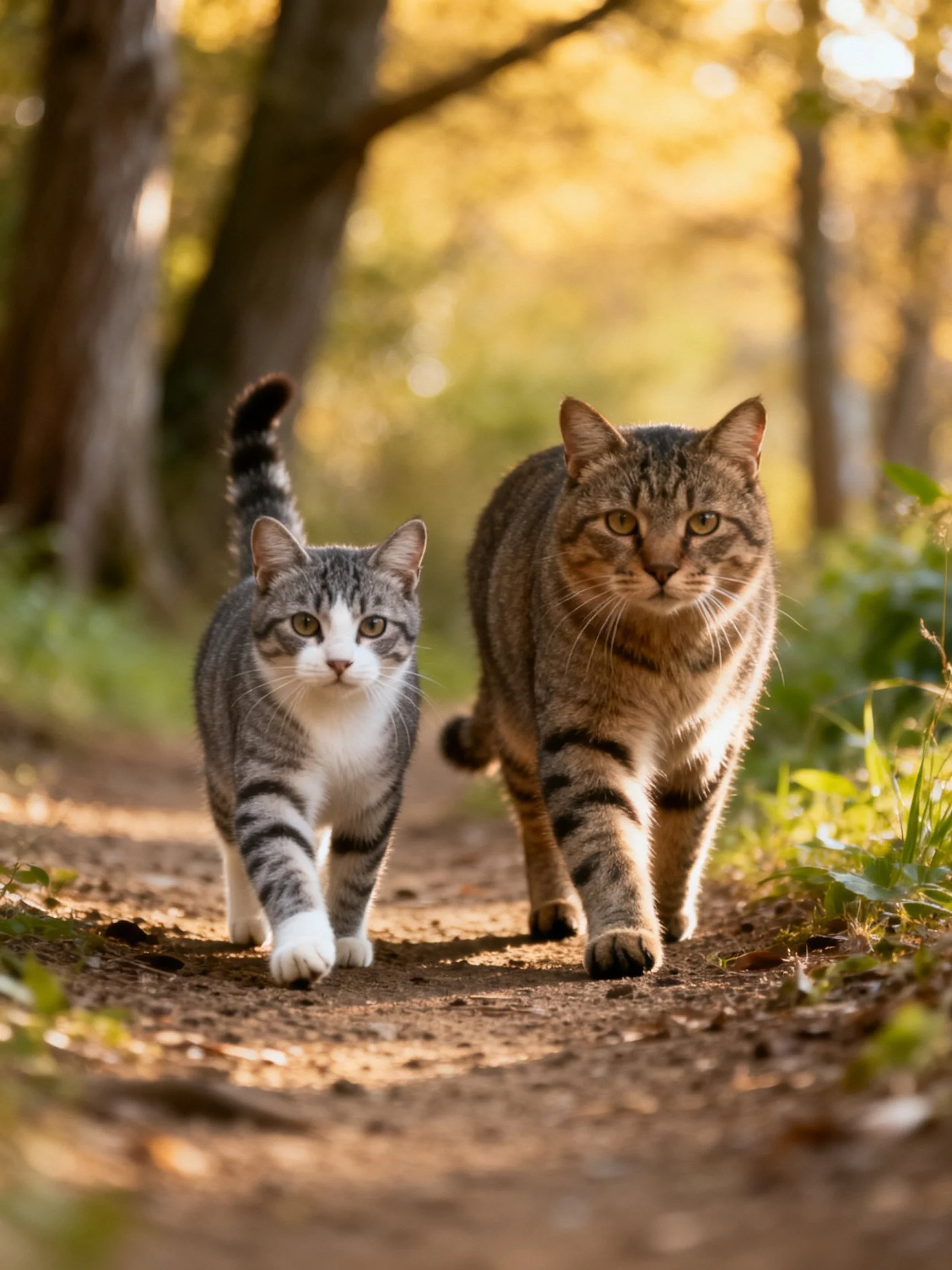 Two cats—one gray and white, one brown tabby—walk on a sunlit forest path.