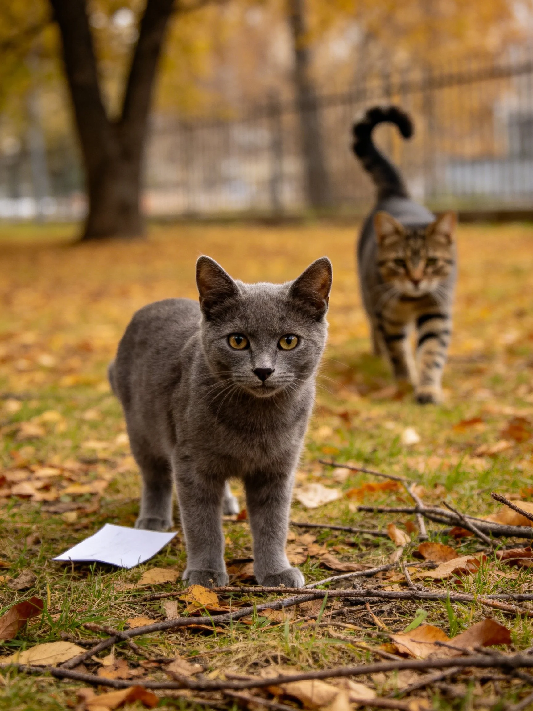 Two cats, one gray, one tabby, stroll amid autumn leaves and branches.
