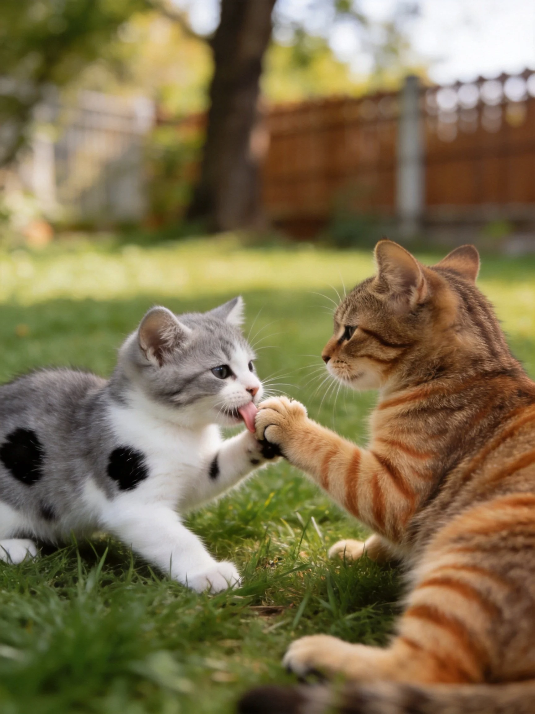 Two cats, one gray-spotted kitten and one orange tabby, play on grass
