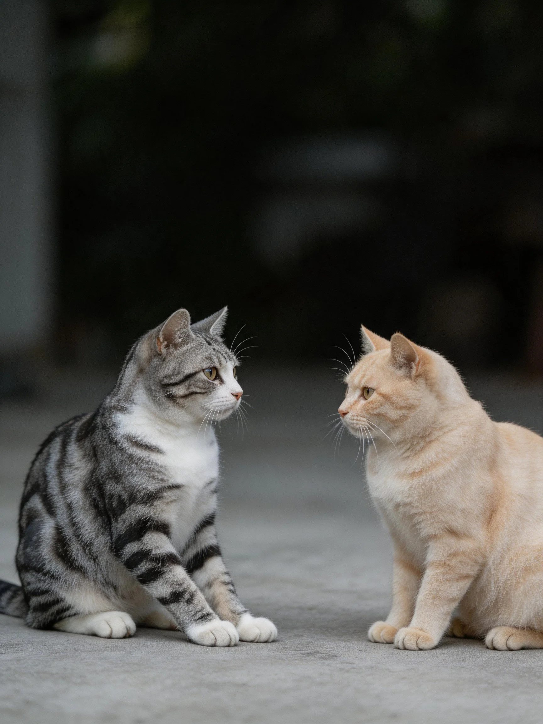 A gray tabby and an orange cat face each other on a smooth surface