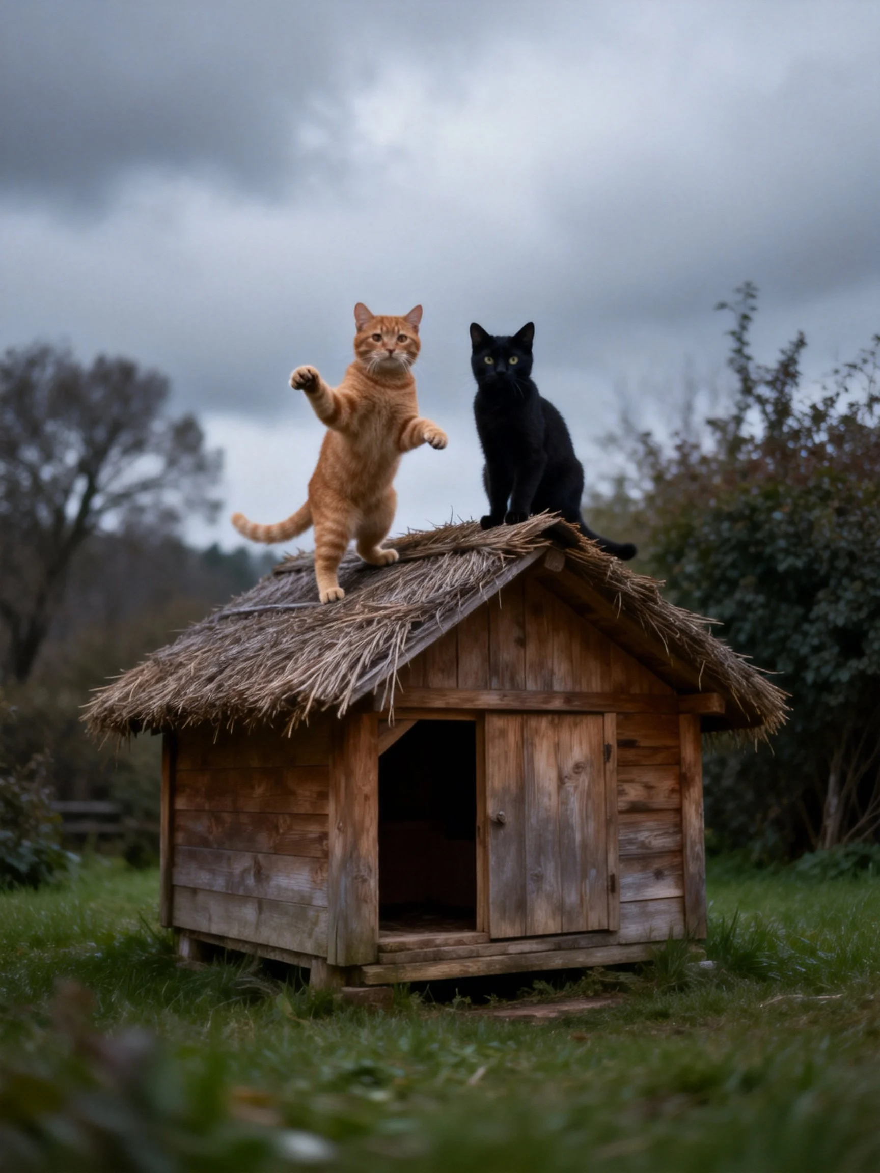 Two cats rest on a weathered wooden shed in an outdoor setting with overcast skies.