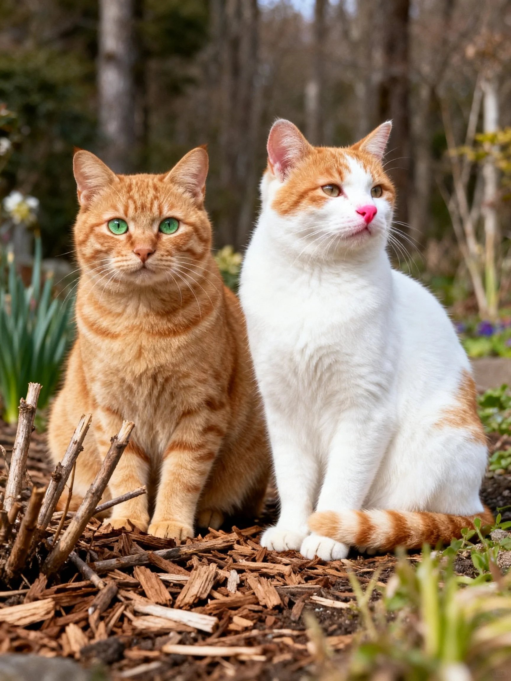 Two cats sit together in a garden setting with wood chips and foliage