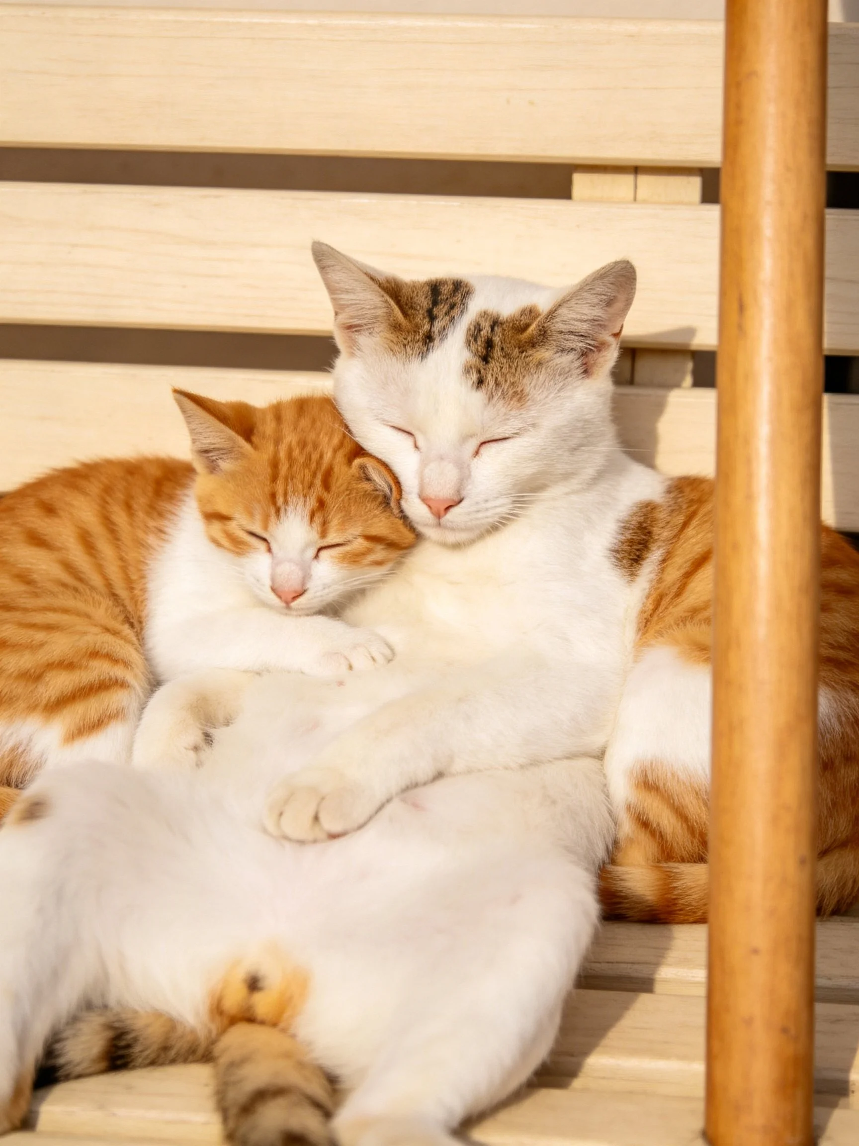 An orange tabby kitten and an adult calico cat cuddle closely on a wooden surface.