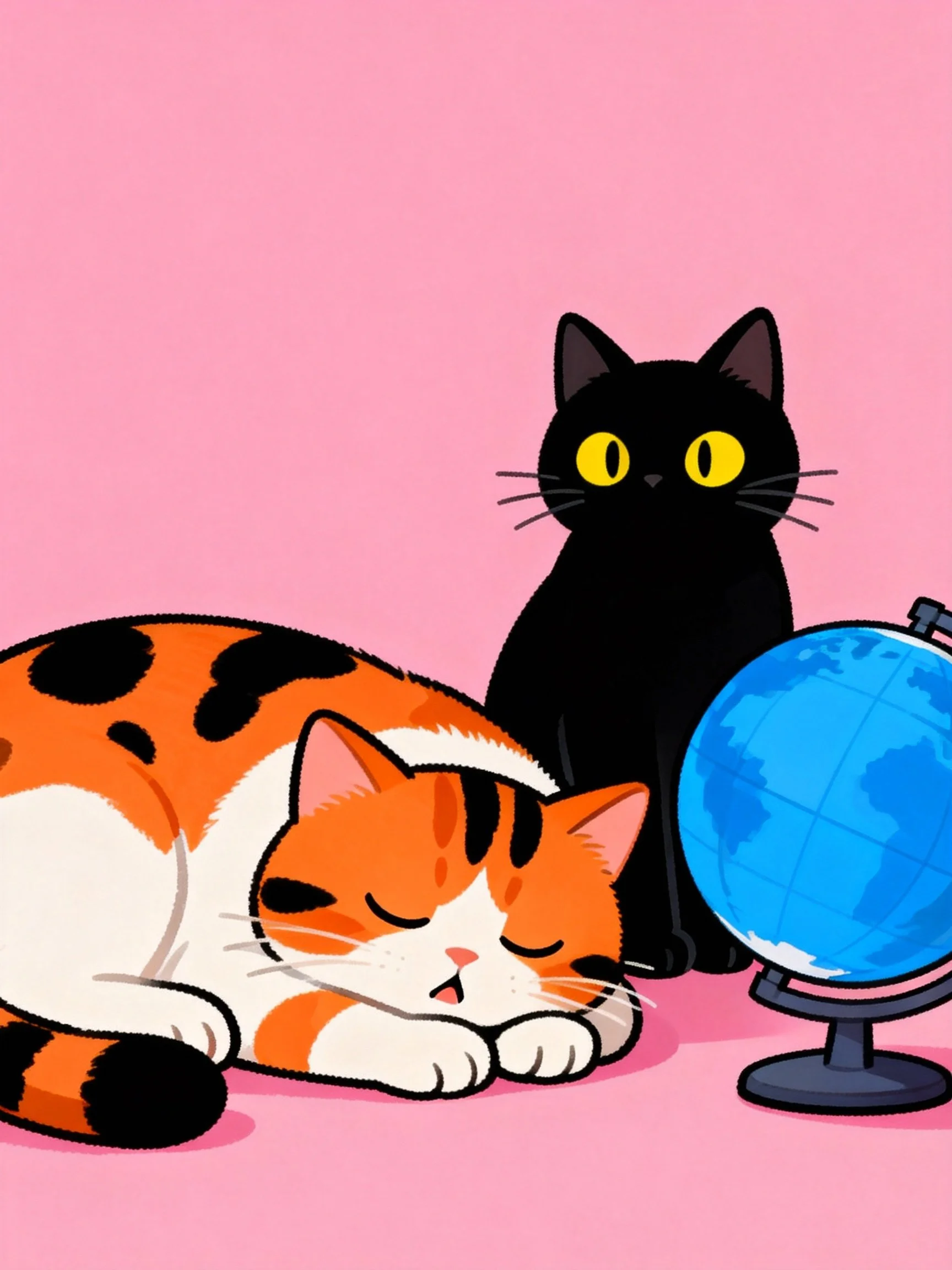 Two cats—one sleeping, one sitting—near a blue globe on pink