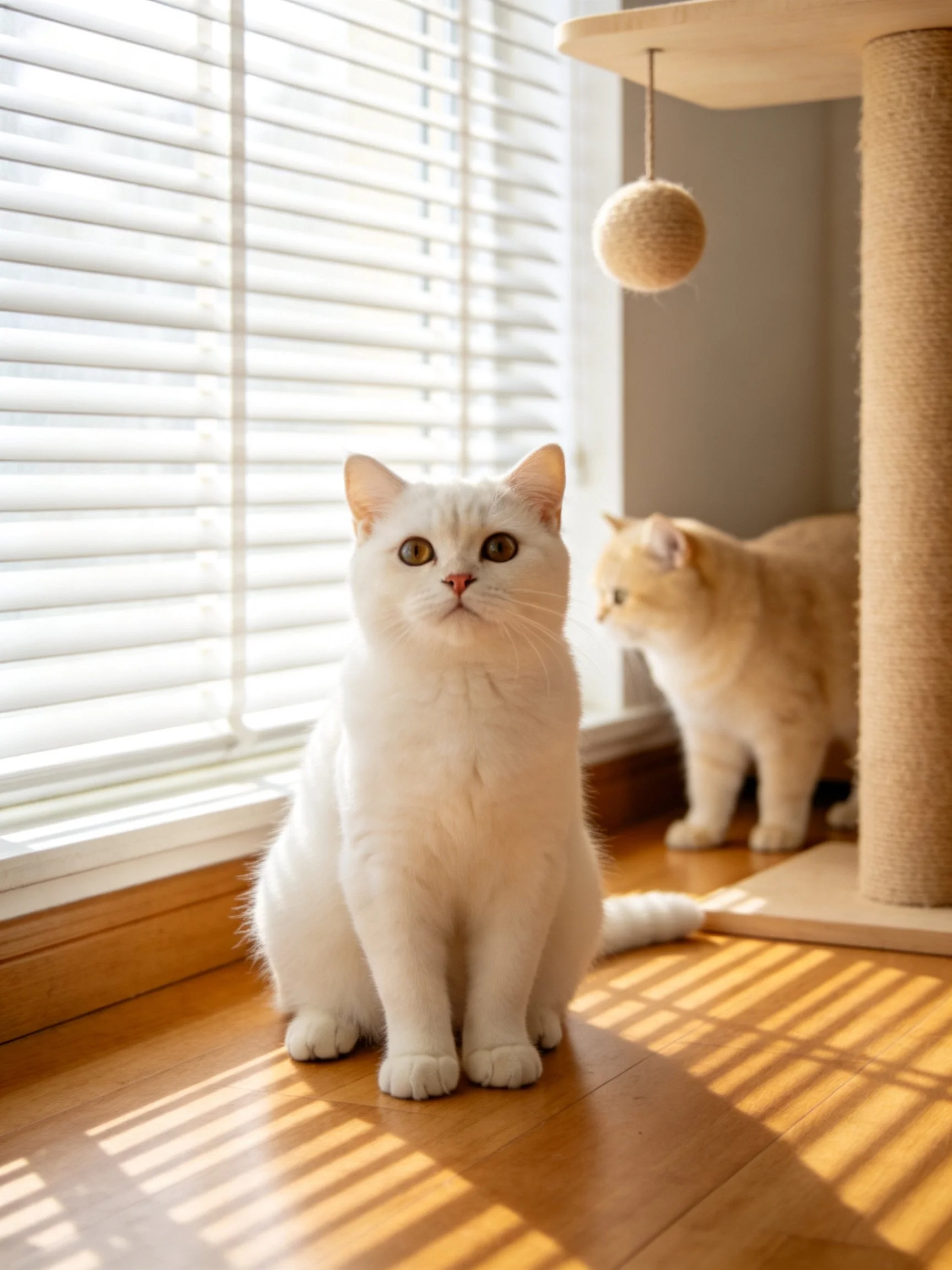 Two cats, one white and one orange, sit by a window with blinds and a scratching post