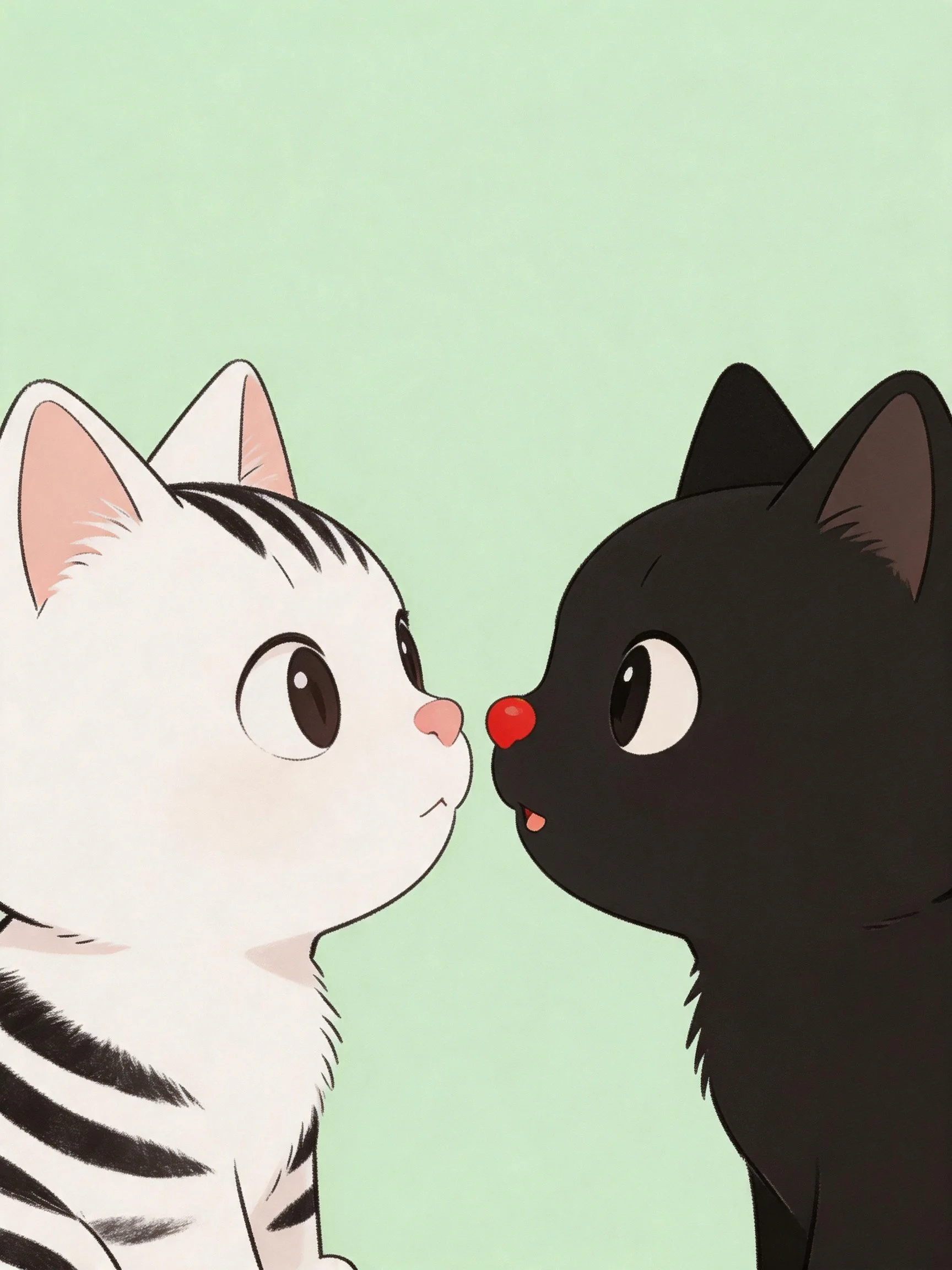 Two cats, one white striped, one solid black, on a light green background