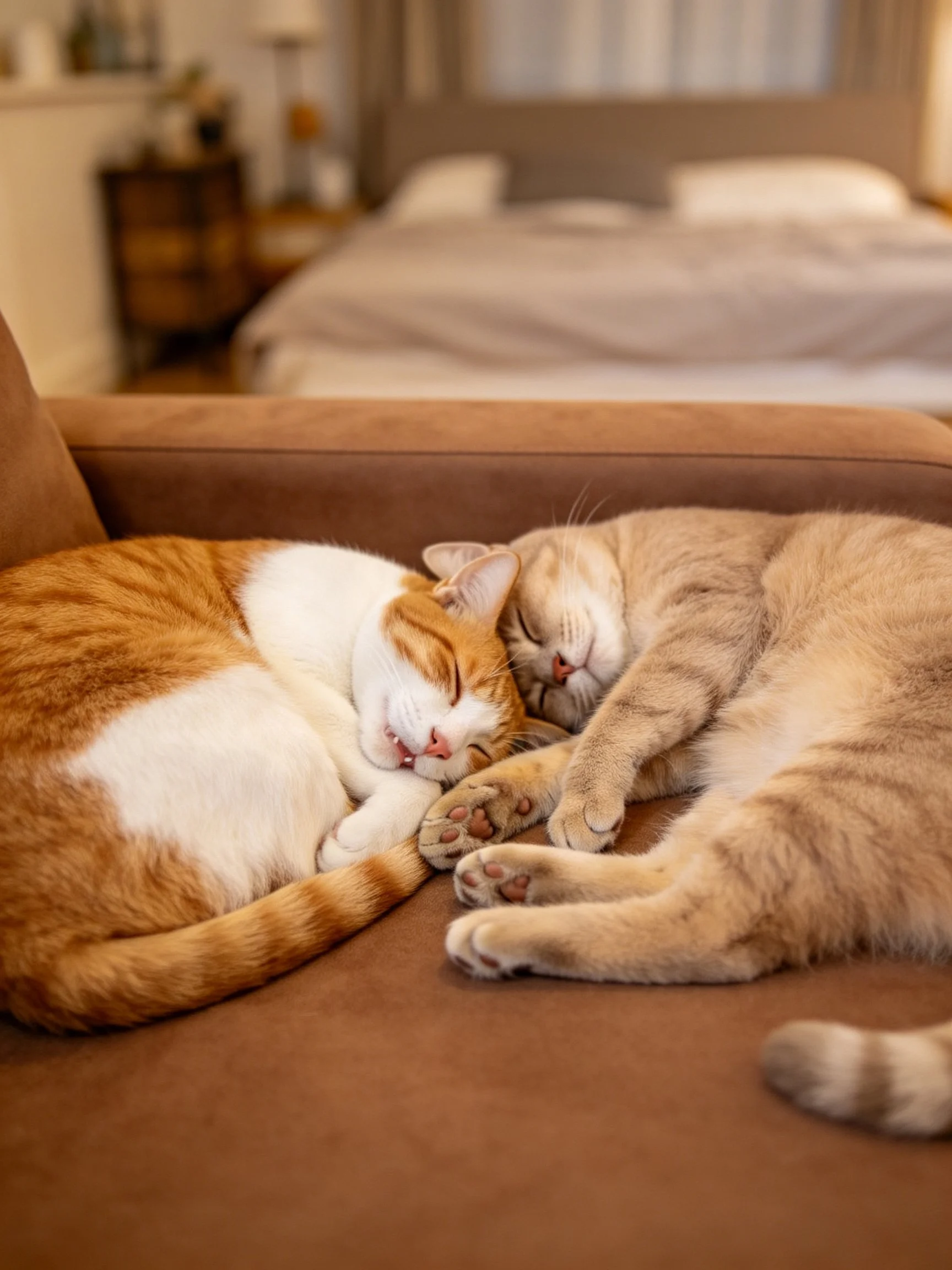 Two cats peacefully sleeping on a brown couch in a cozy bedroom