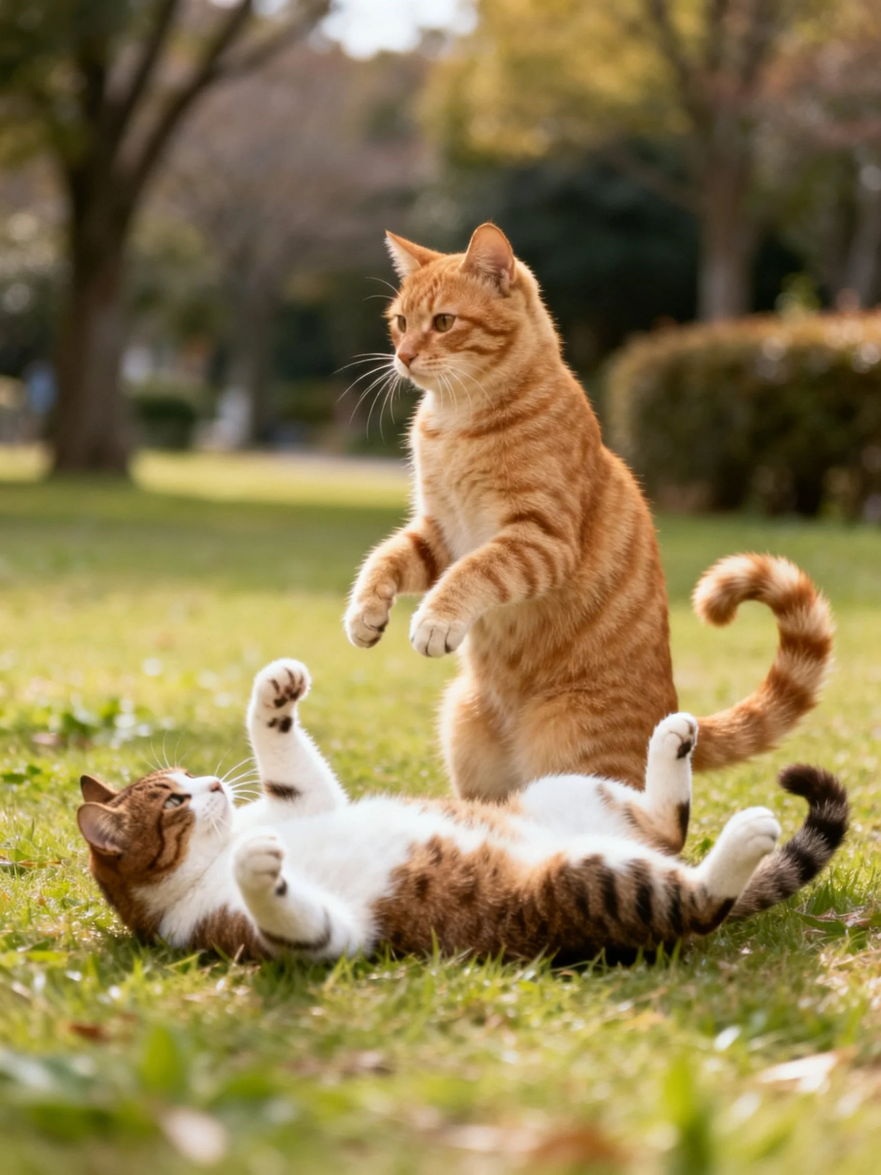 Two cats play—one orange standing, one white-brown lying—on grassy lawn