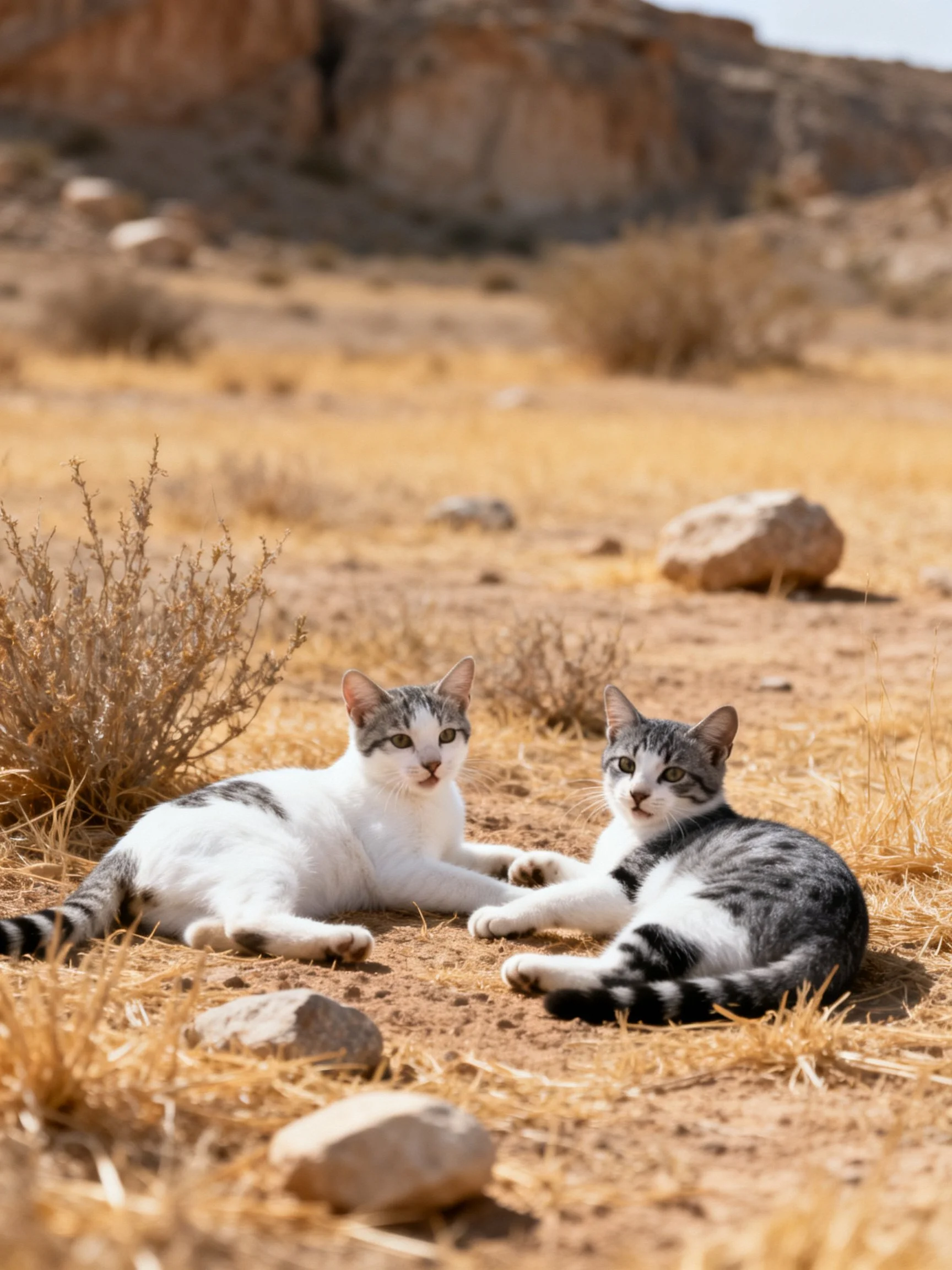 Two cats rest in a sun-drenched, rocky desert environment with dry vegetation.