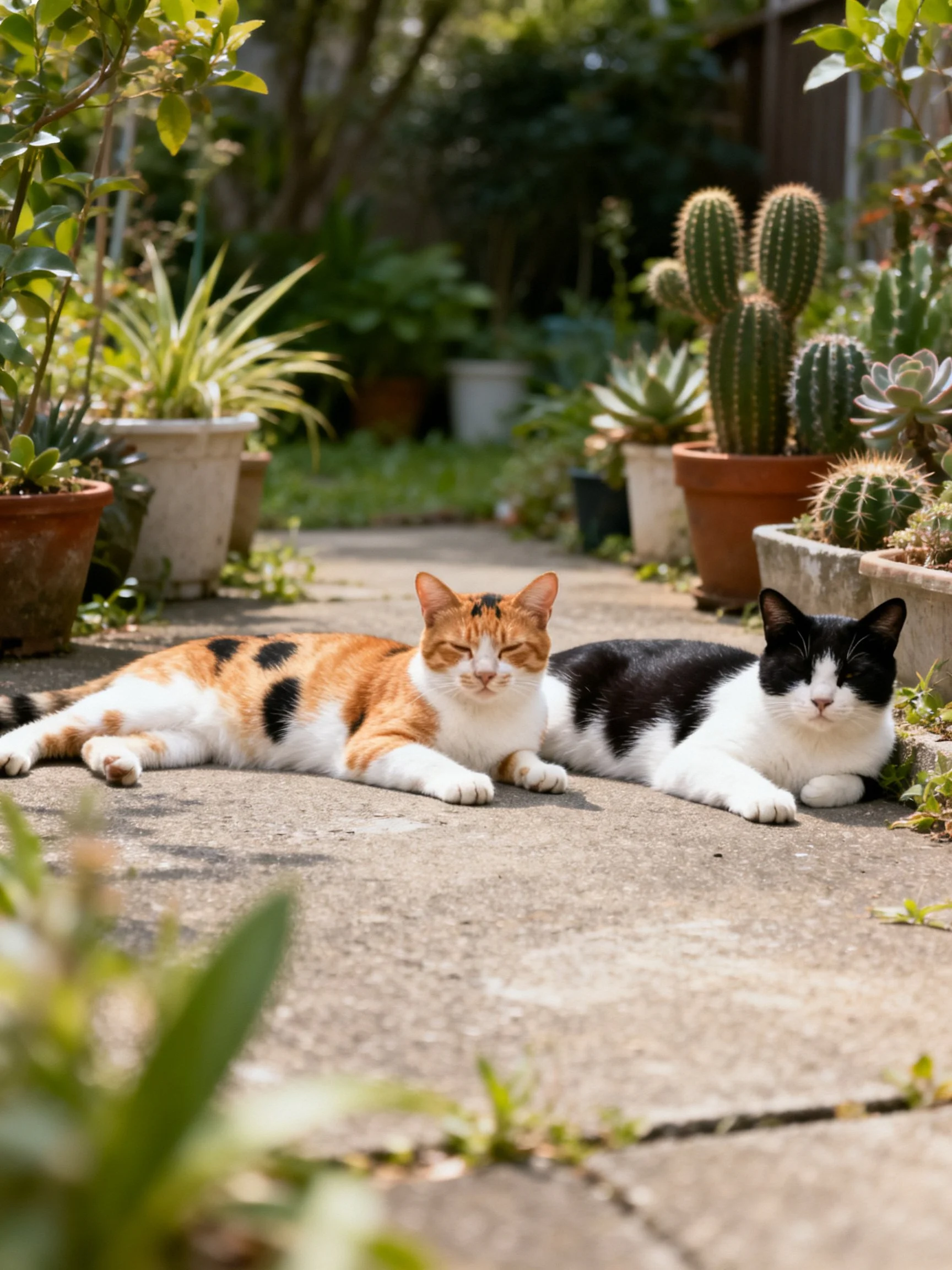 Two cats relax on a sunlit patio with potted plants.