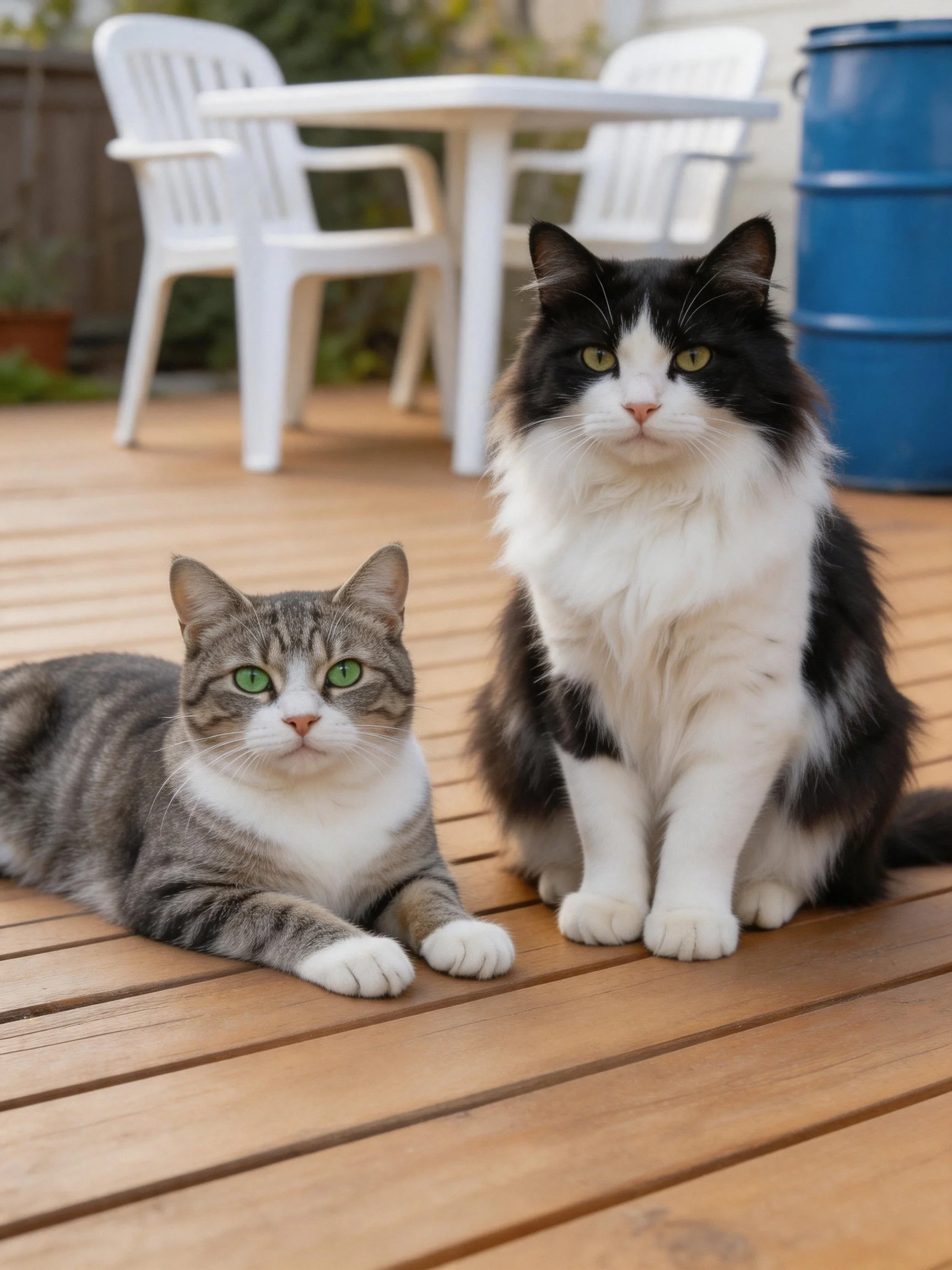 Two cats rest on a wooden deck with patio furniture