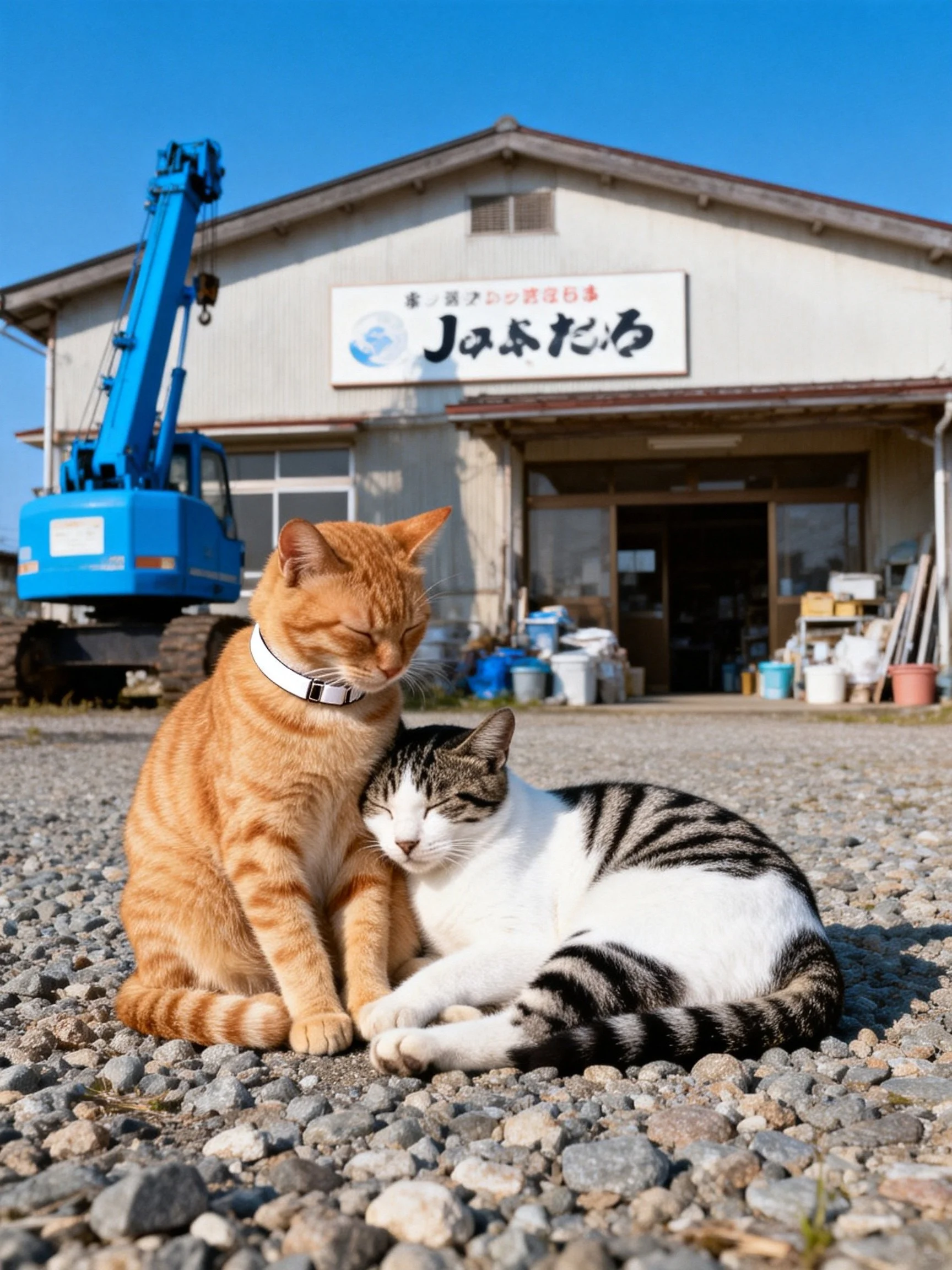 Two cats rest on gravel near a Japanese industrial building