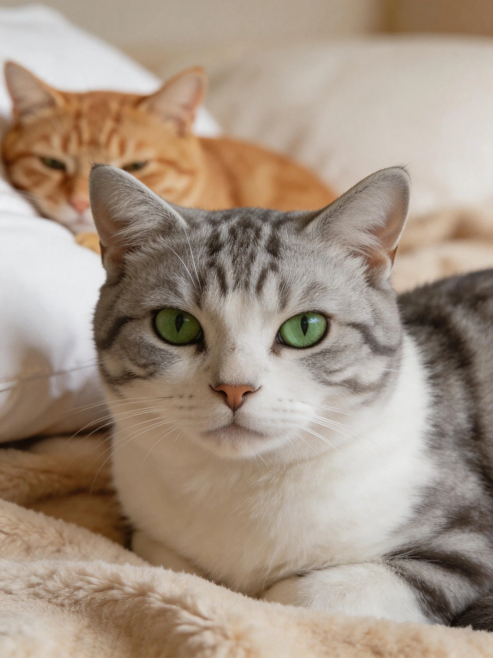 Two cats rest on soft blankets—one gray and white with green eyes, one orange tabby