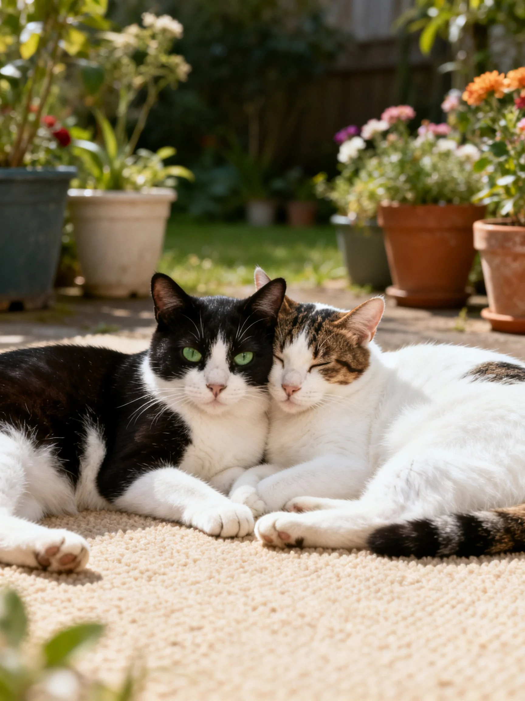 Two cats rest together in a sunlit garden with potted flowers