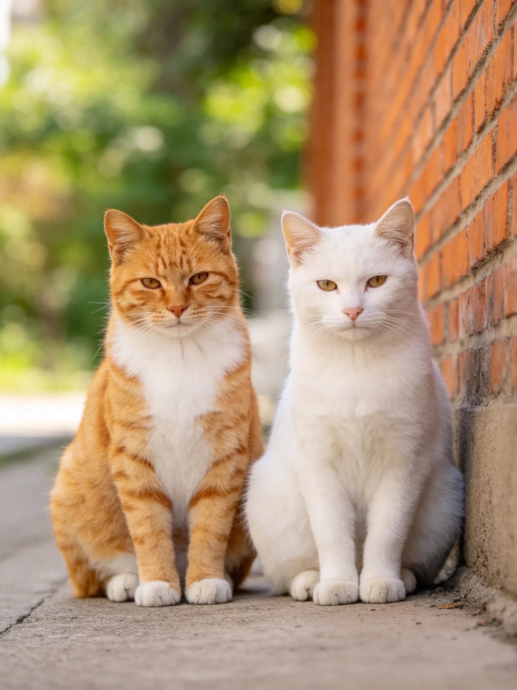 Two cats sit calmly next to a brick wall outdoors