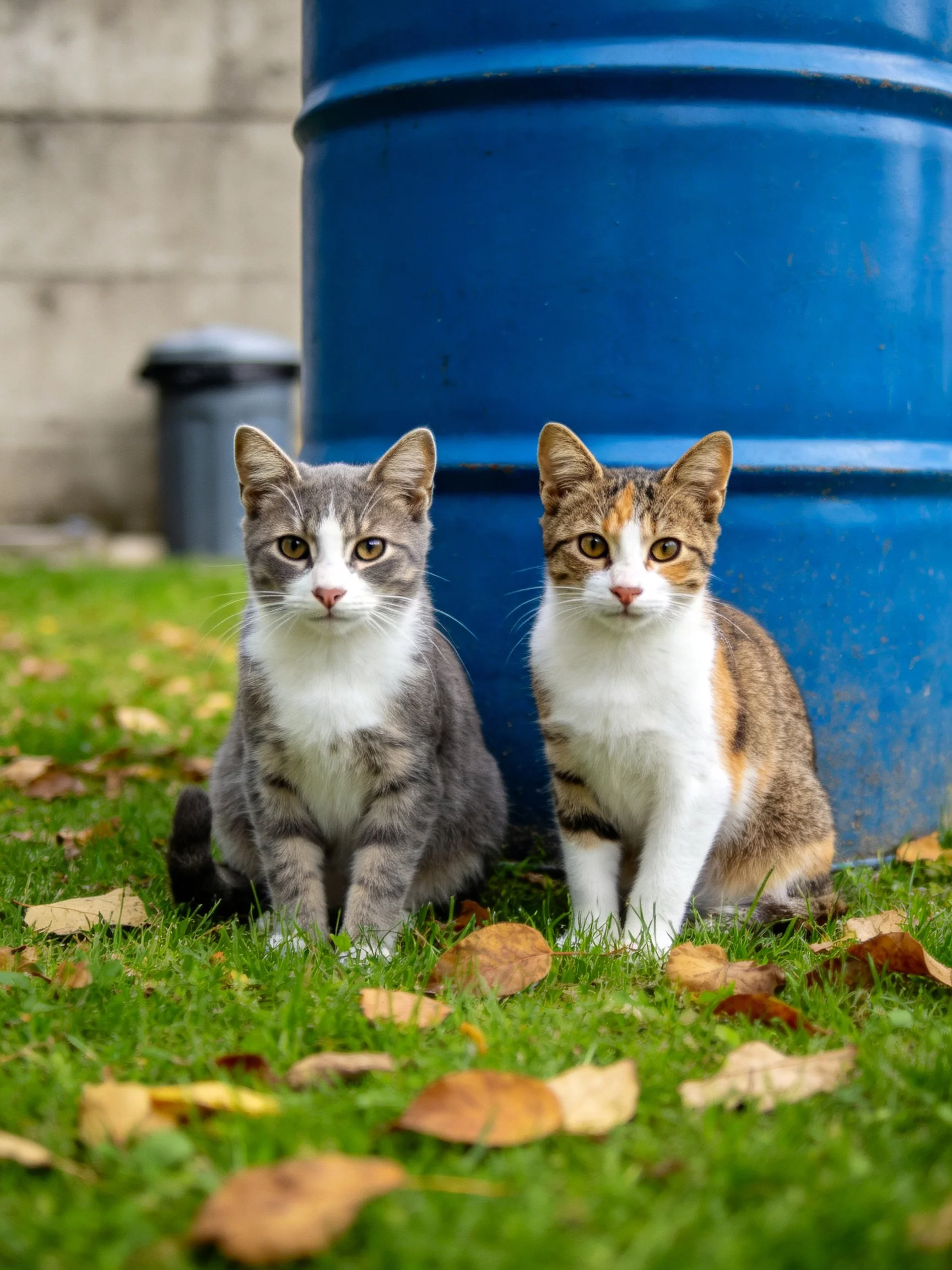 Two cats sit beside a large blue barrel on green grass