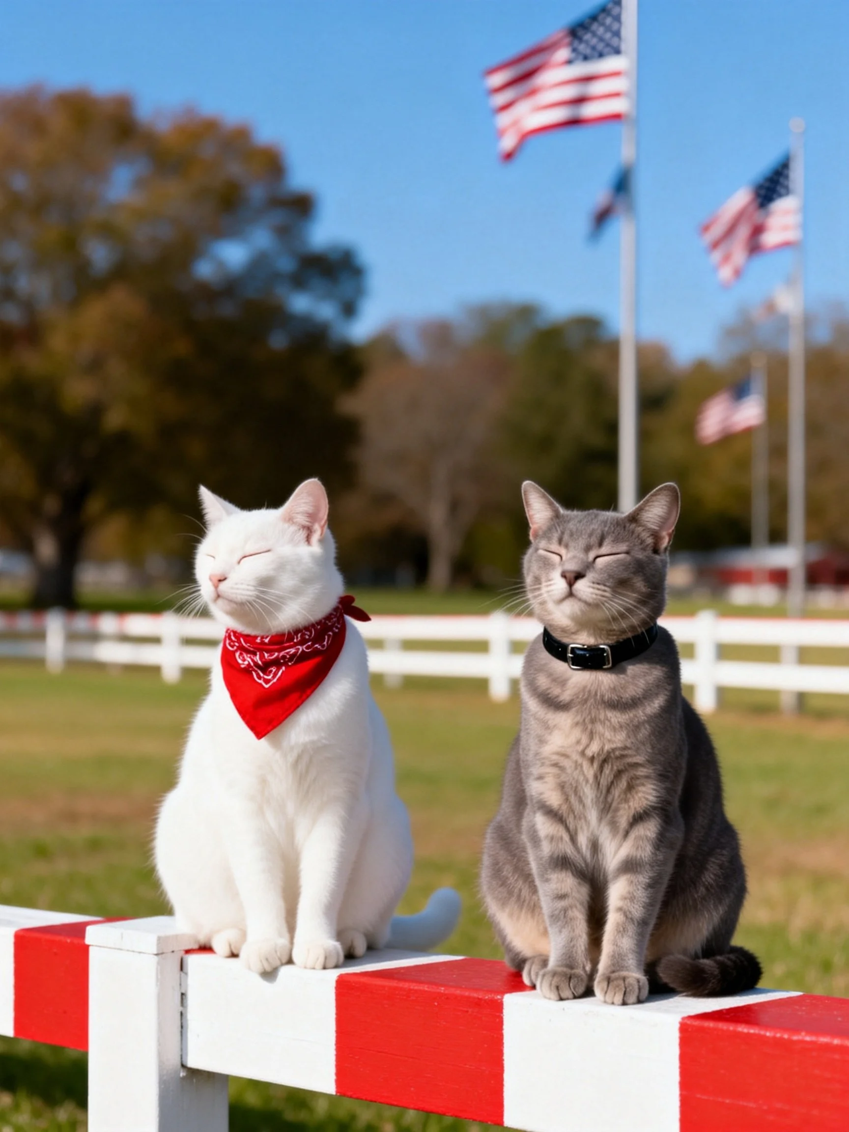 Two cats sit on a red - white fence near American flags