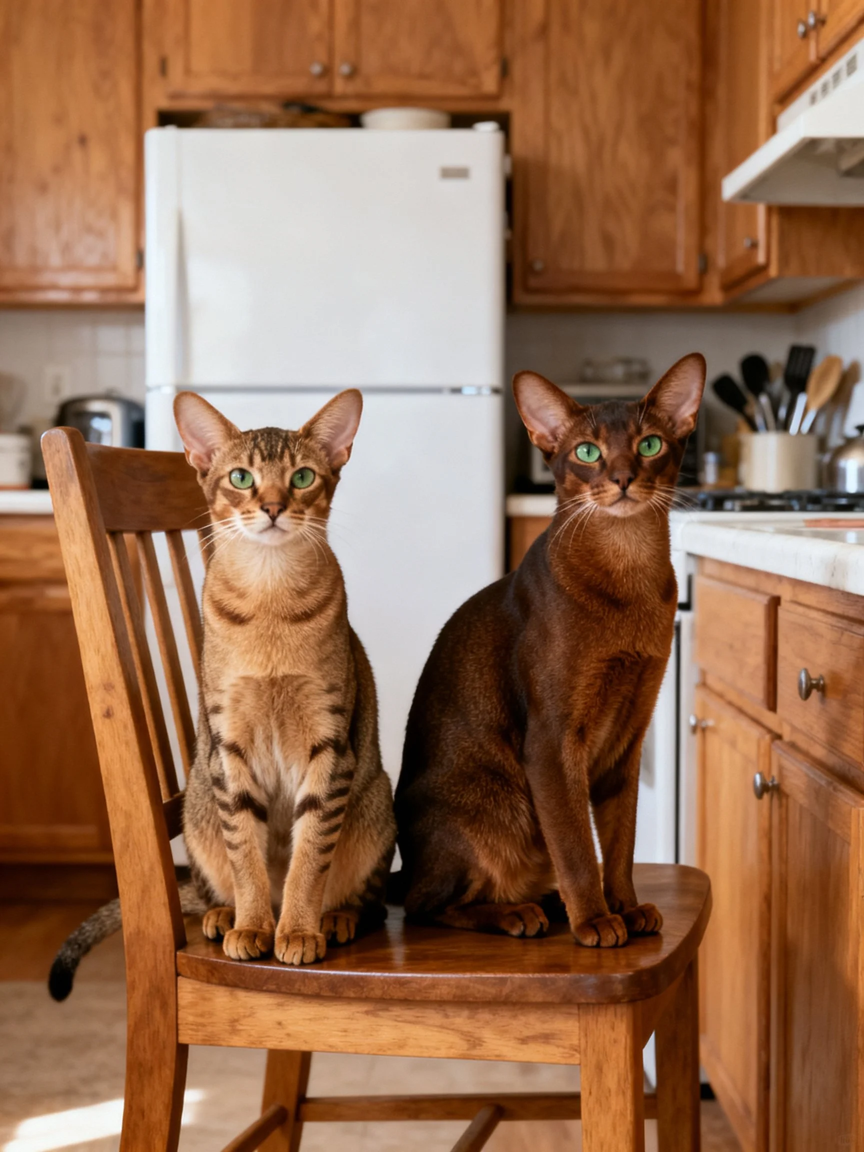 Two cats sit on a wooden chair in a kitchen; one is tan striped, the other dark brown.