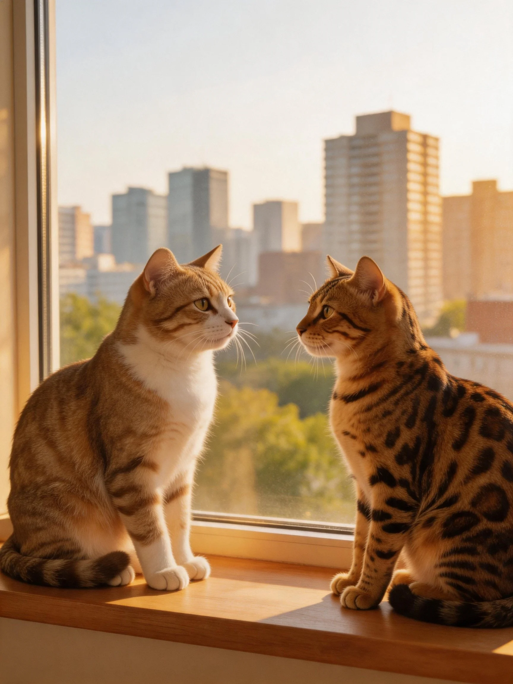 Two cats sit on a wooden windowsill with an urban skyline backdrop