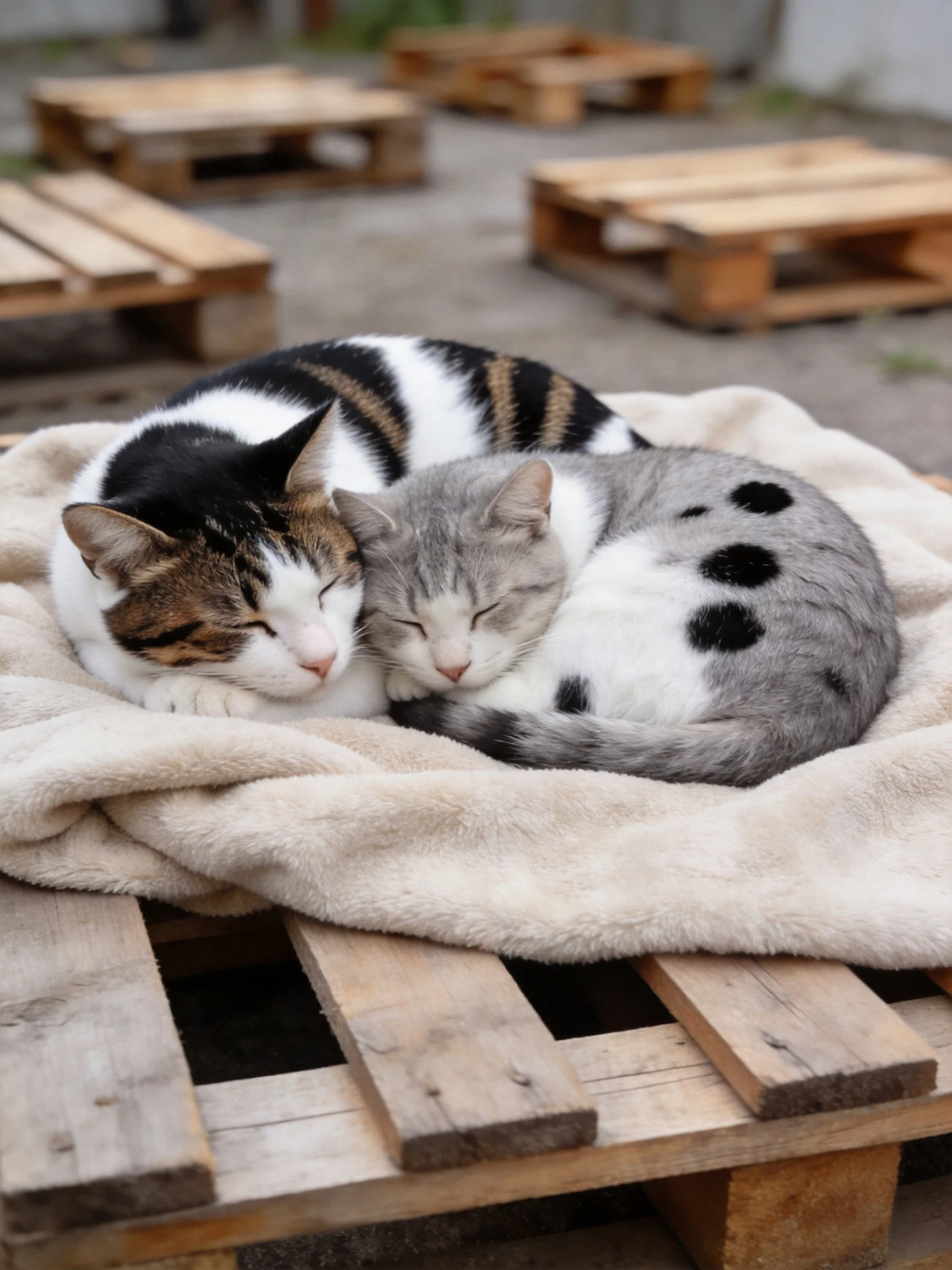 Two cats with black, white, and gray fur resting on a beige blanket over wooden pallets