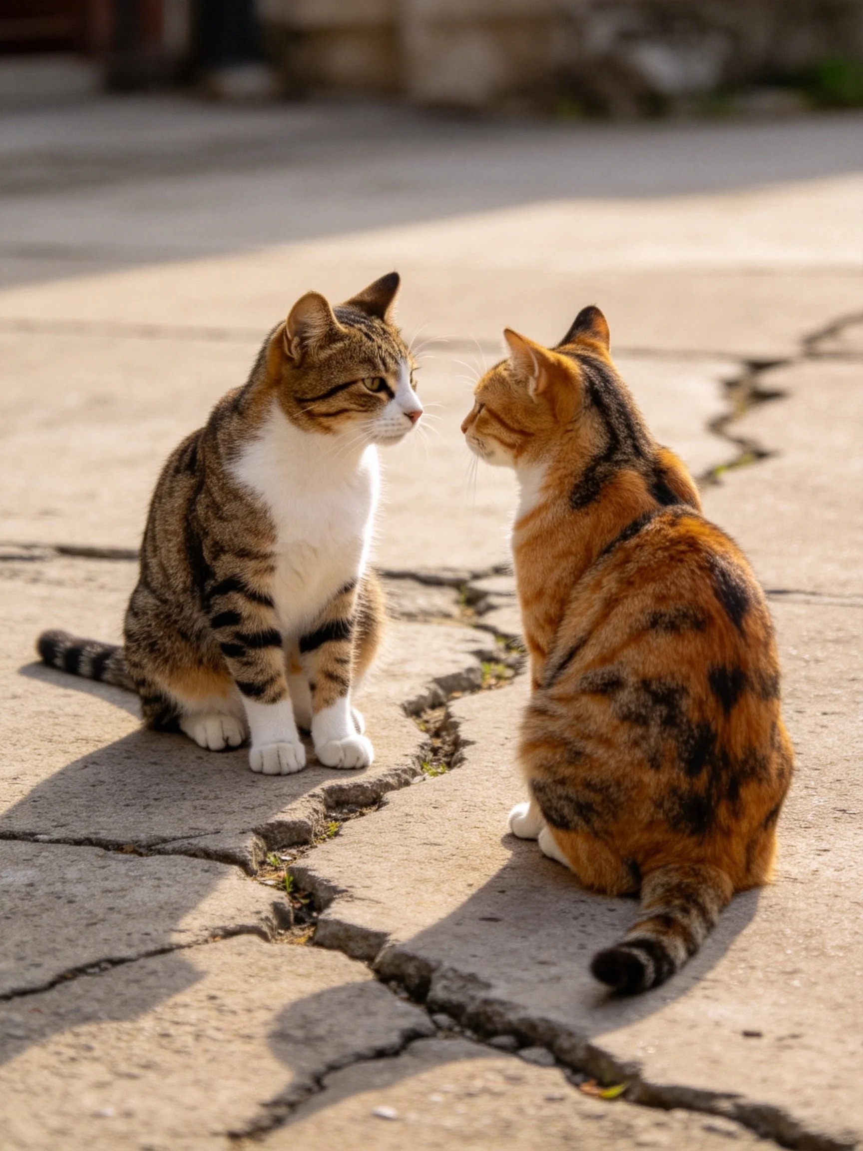 Two cats with contrasting coats sit face-to-face on cracked pavement