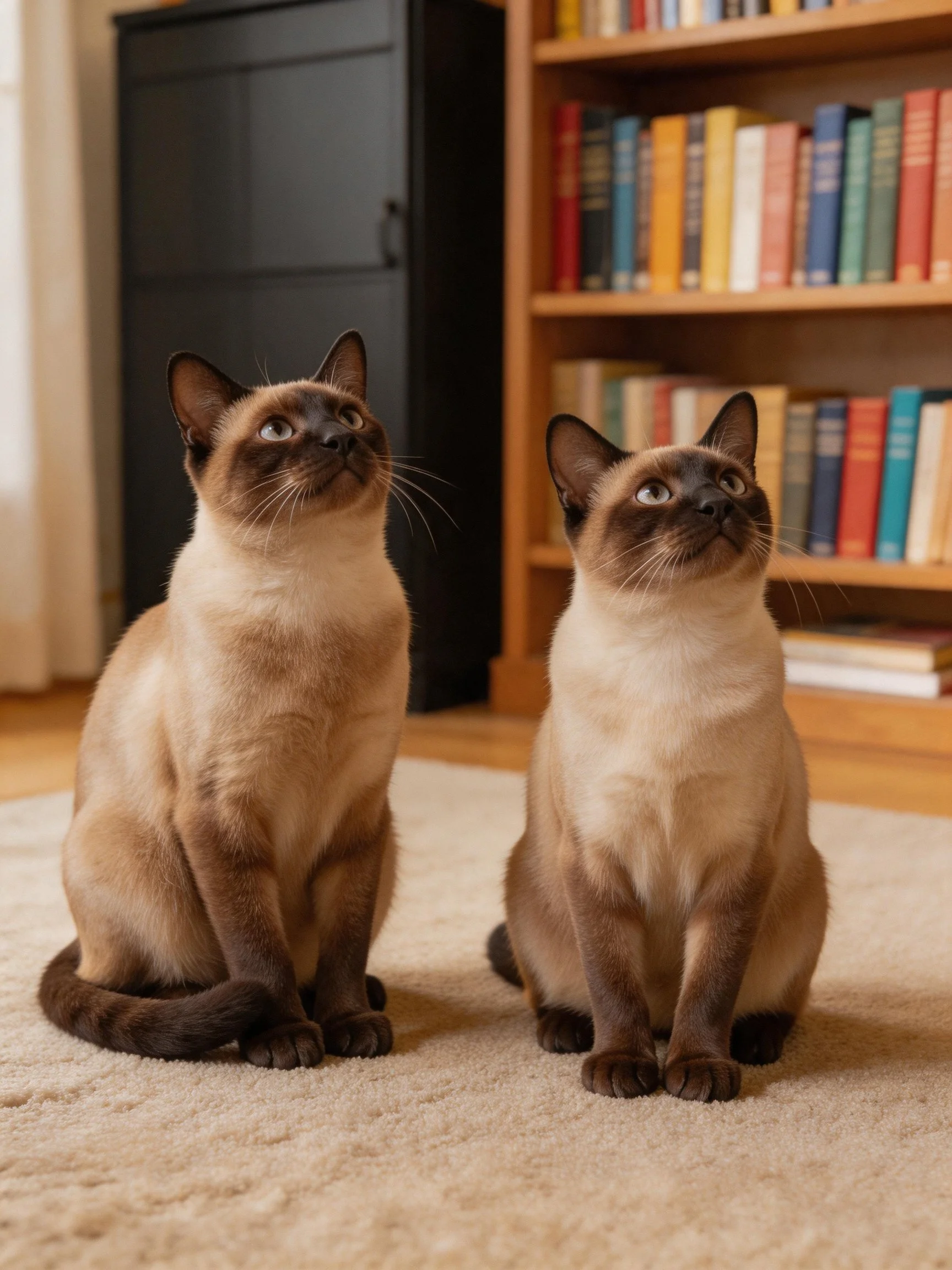 Two Siamese cats sit attentively in a cozy home.