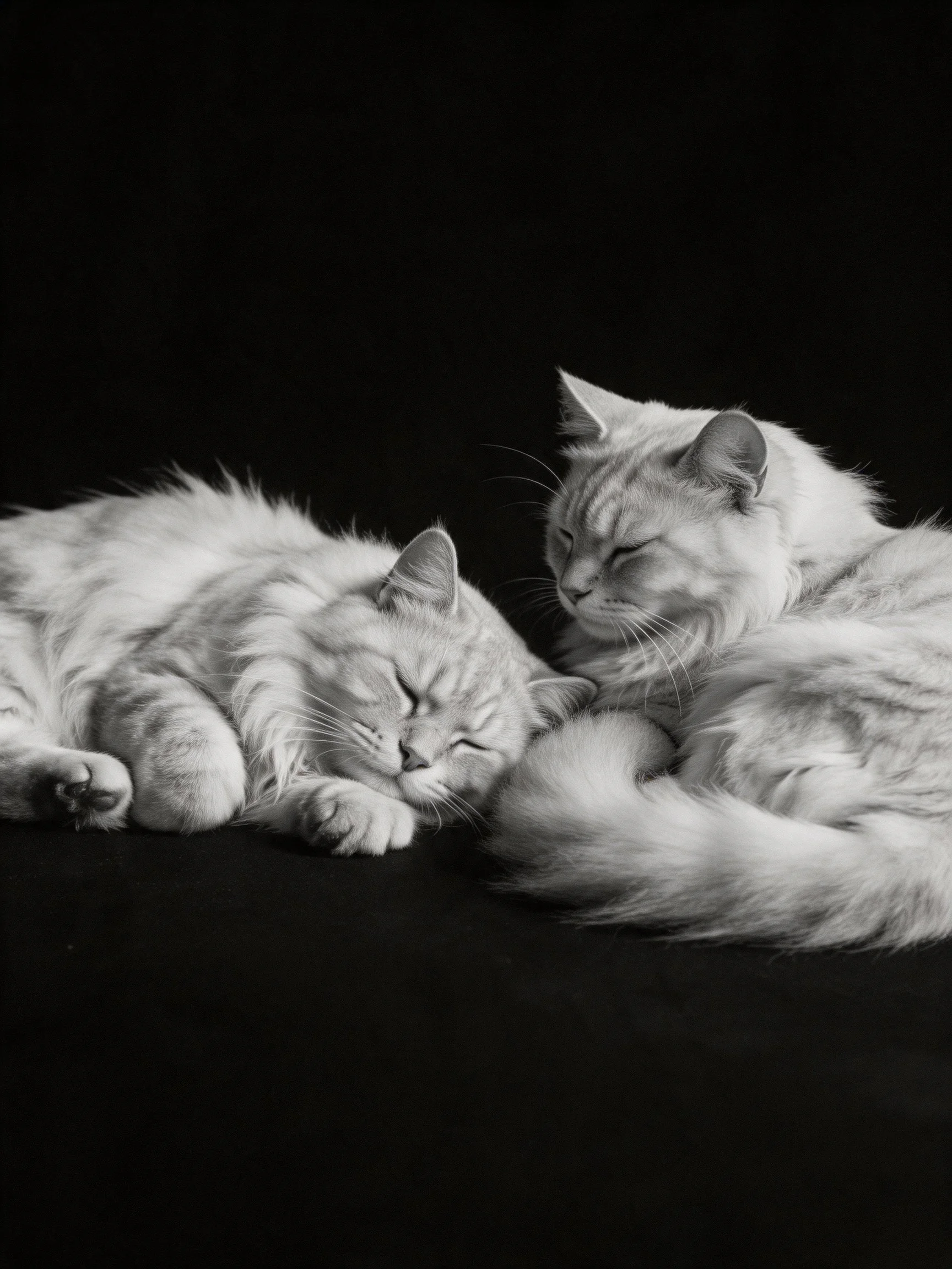 Two fluffy gray cats rest closely on a black surface.