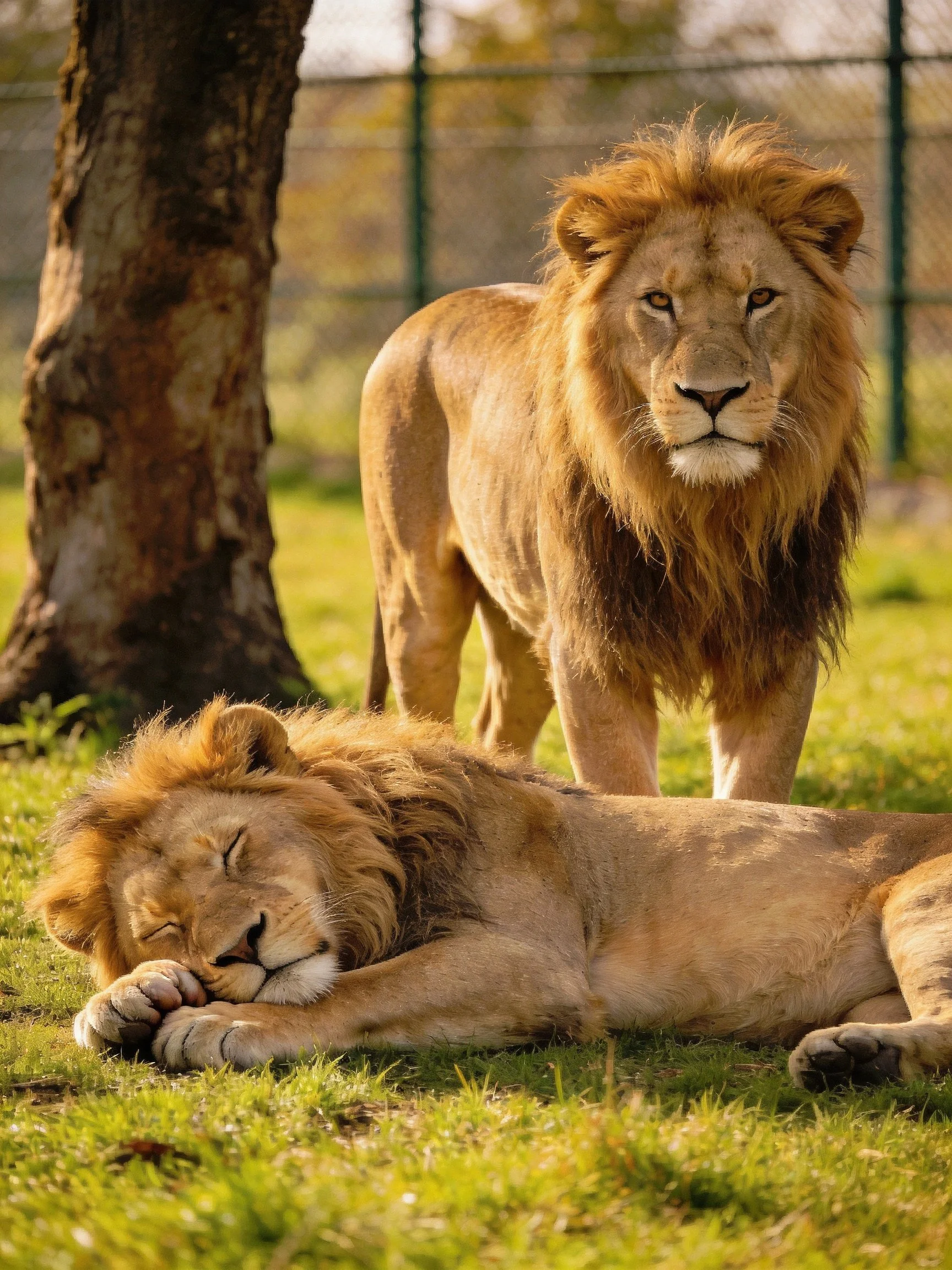 Two lions rest and stand in a sunlit zoo enclosure.