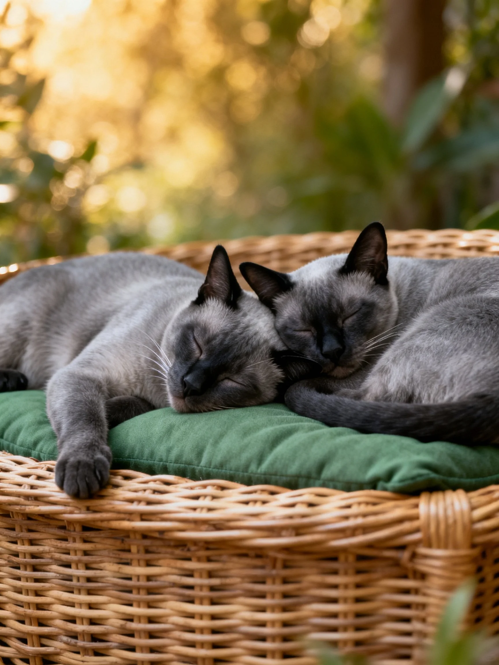Two gray Siamese cats cuddle on a green cushion in an outdoor wicker basket