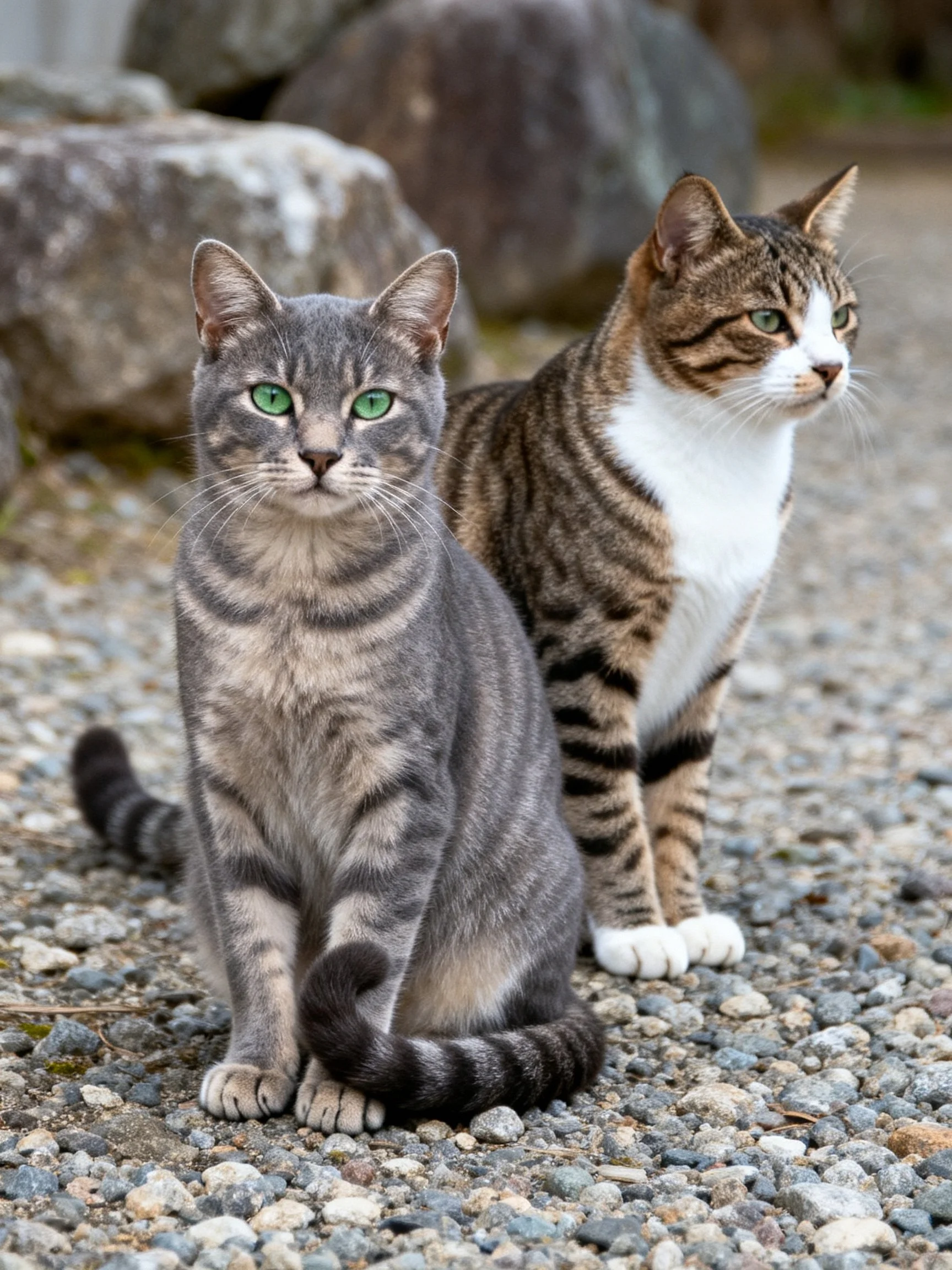 Two gray and brown tabby cats sitting on gravel near rocks