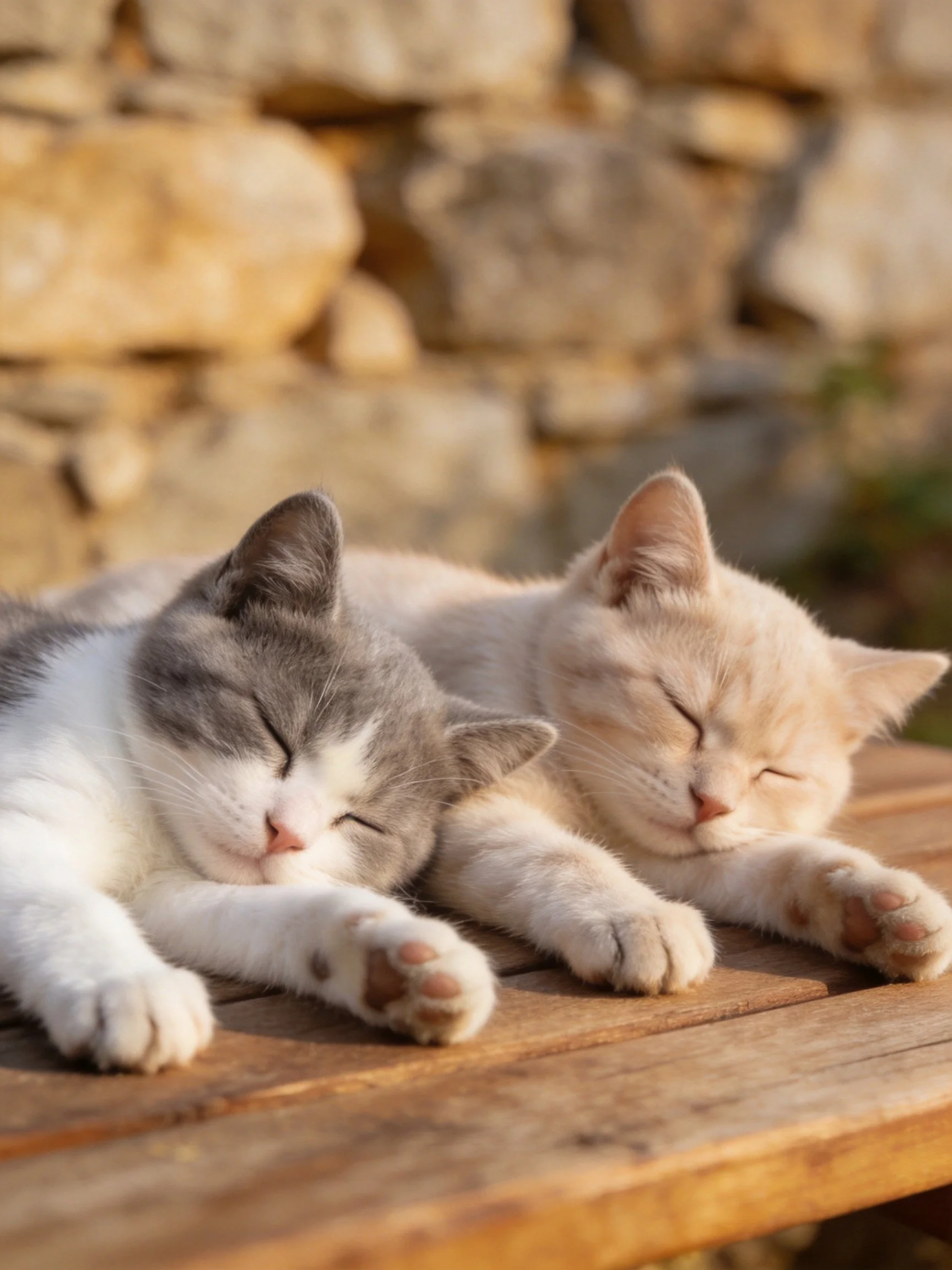 Two gray and white, beige kittens rest on a wooden bench near a stone wall